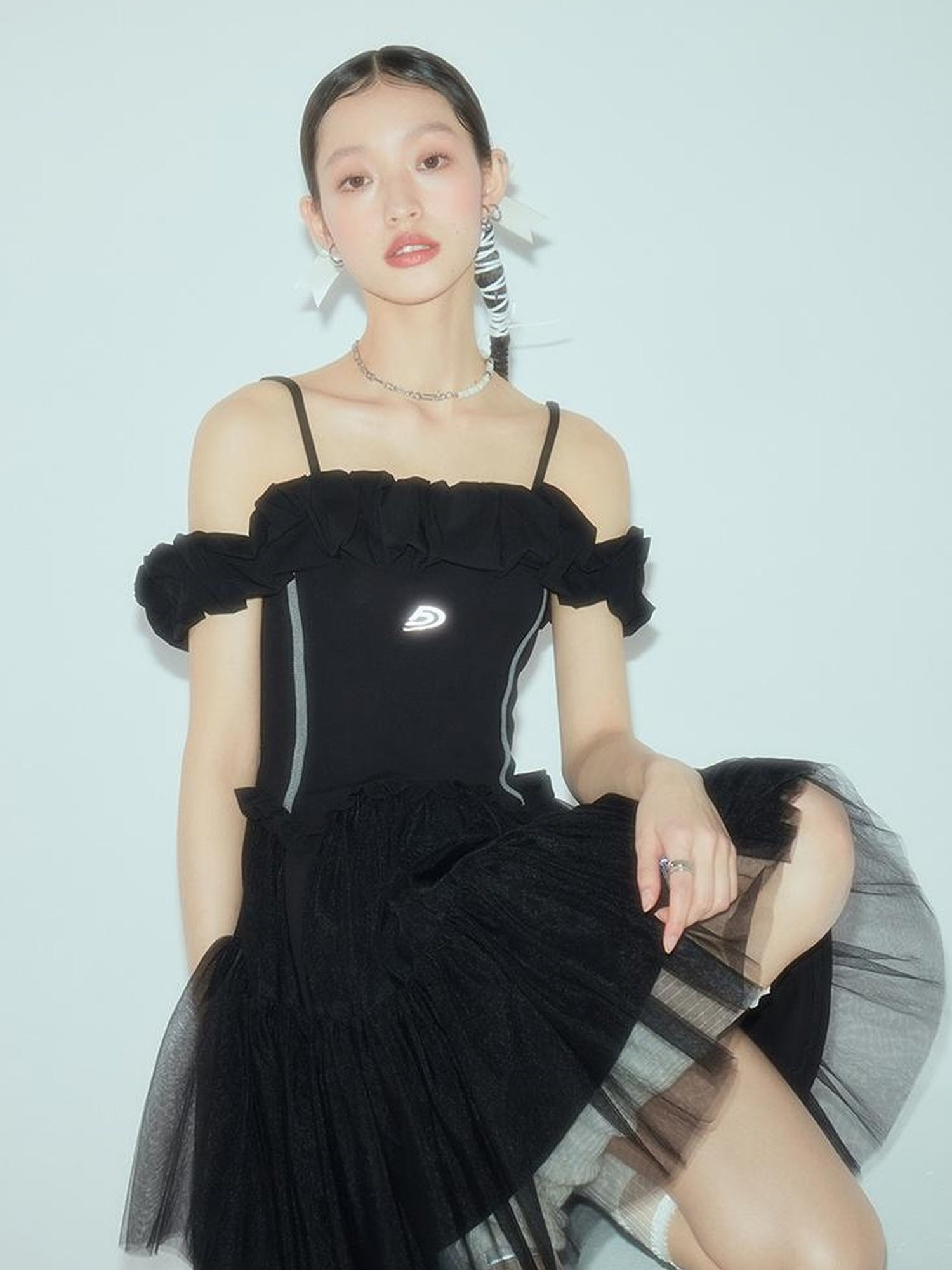 DIDDI MODA Elegant Black Ballet Off Shoulder A Line Dress With Flowy Mesh Skirt