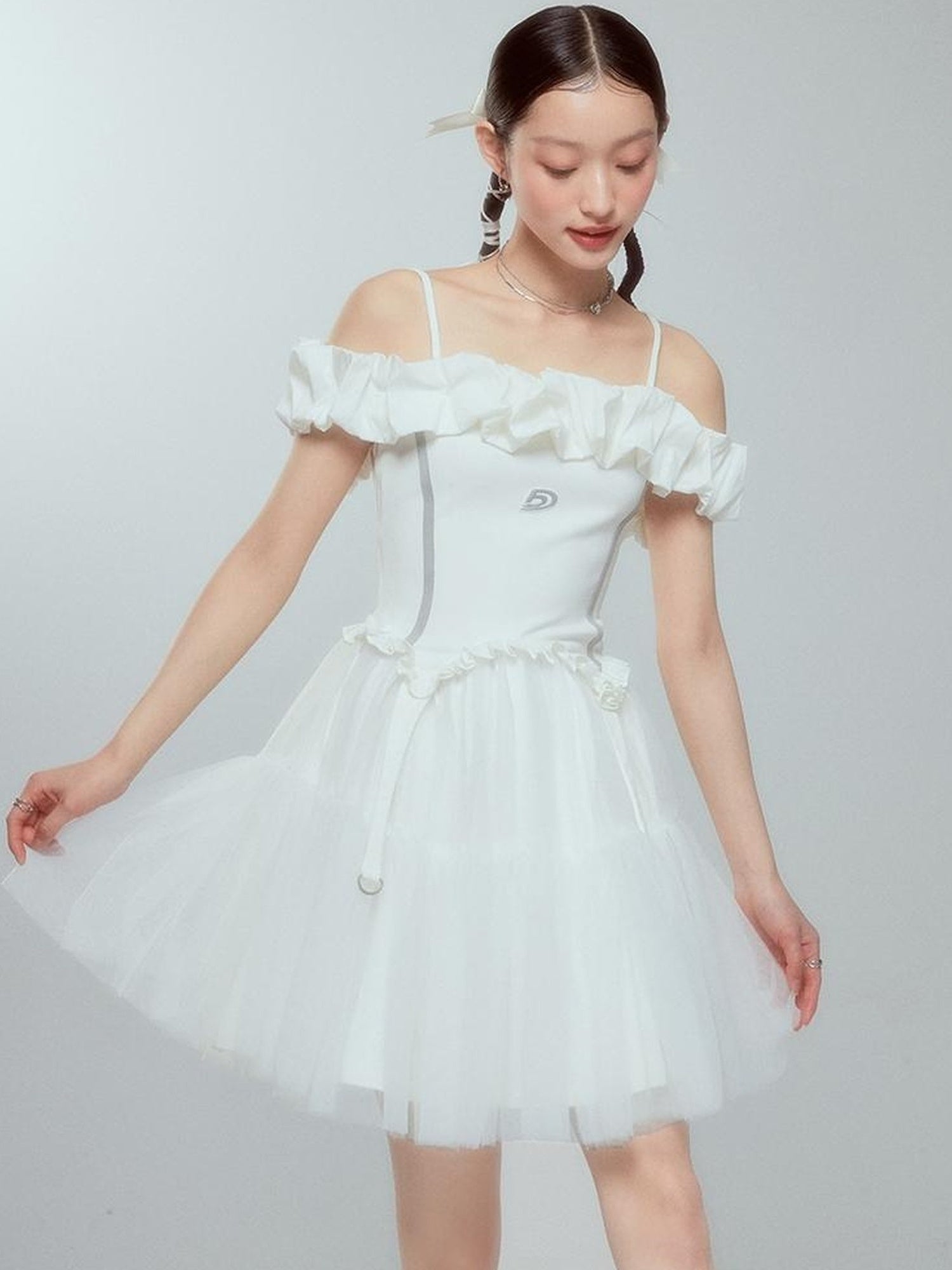 DIDDI MODA Elegant Black Ballet Off Shoulder A Line Dress With Flowy Mesh Skirt