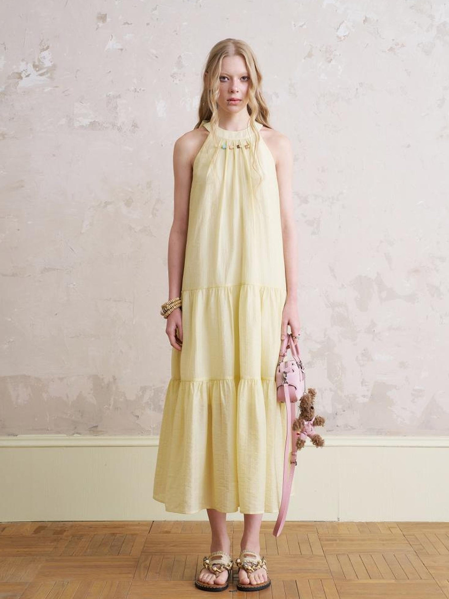 DIDDI MODA Elegant Bow Beaded Halter Dress With Layered Flowy Ribbon