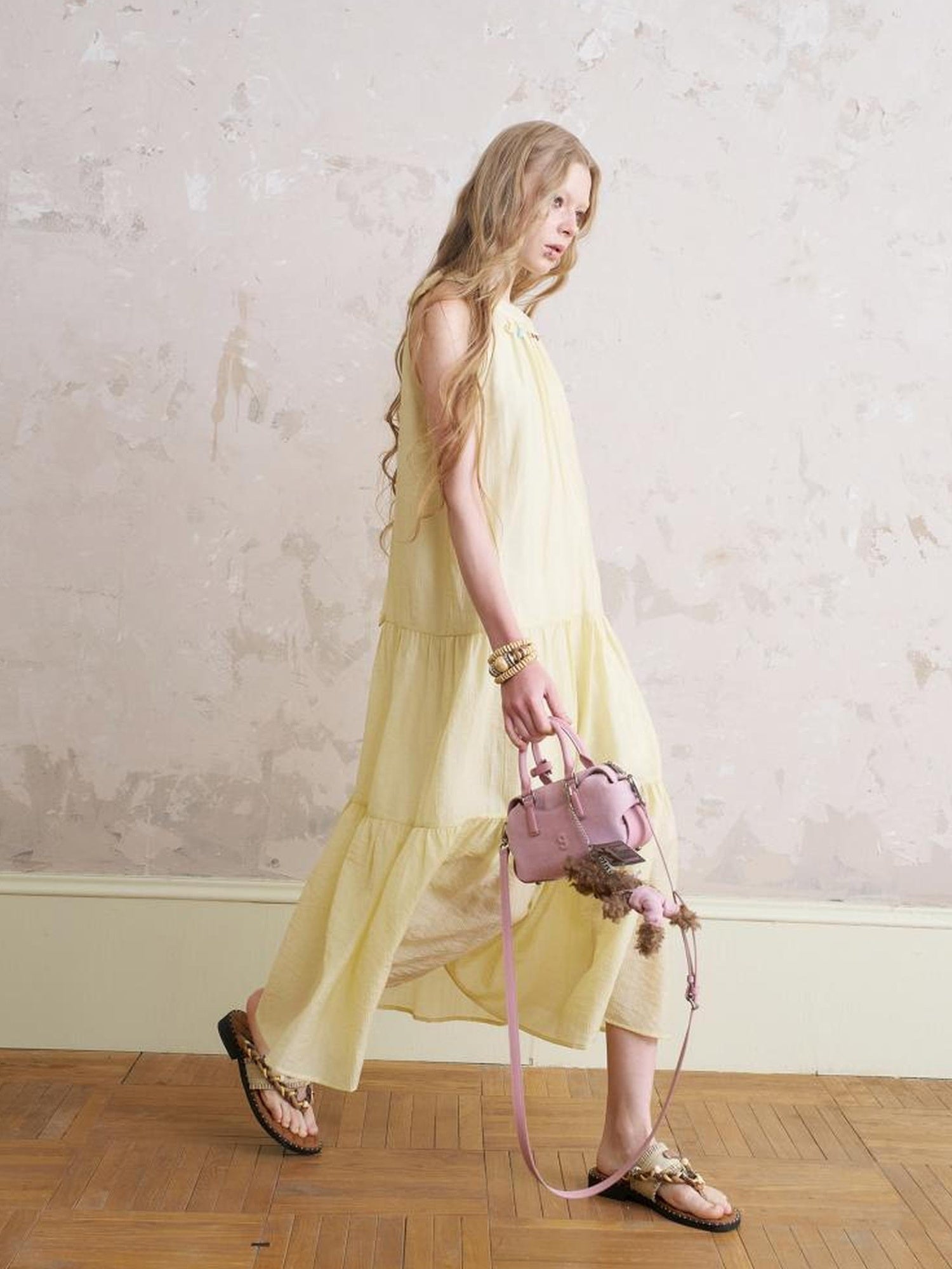 DIDDI MODA Elegant Bow Beaded Halter Dress With Layered Flowy Ribbon