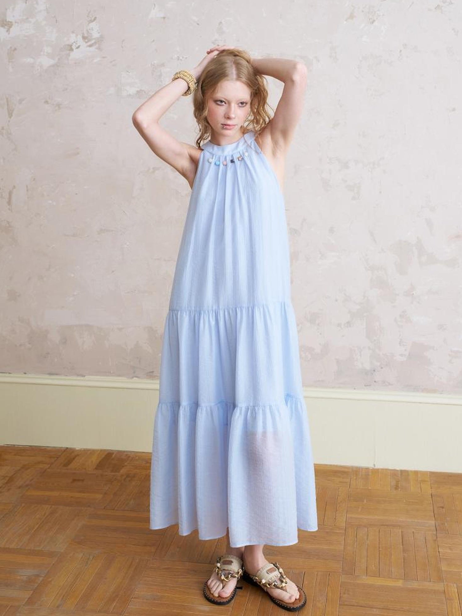 DIDDI MODA Elegant Bow Beaded Halter Dress With Layered Flowy Ribbon