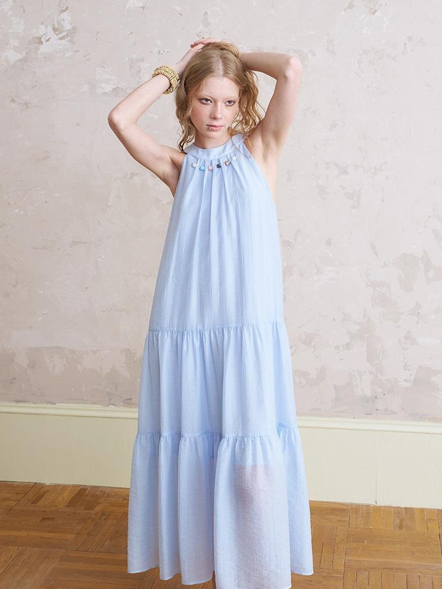 DIDDI MODA Elegant Bow Beaded Halter Dress With Layered Flowy Ribbon