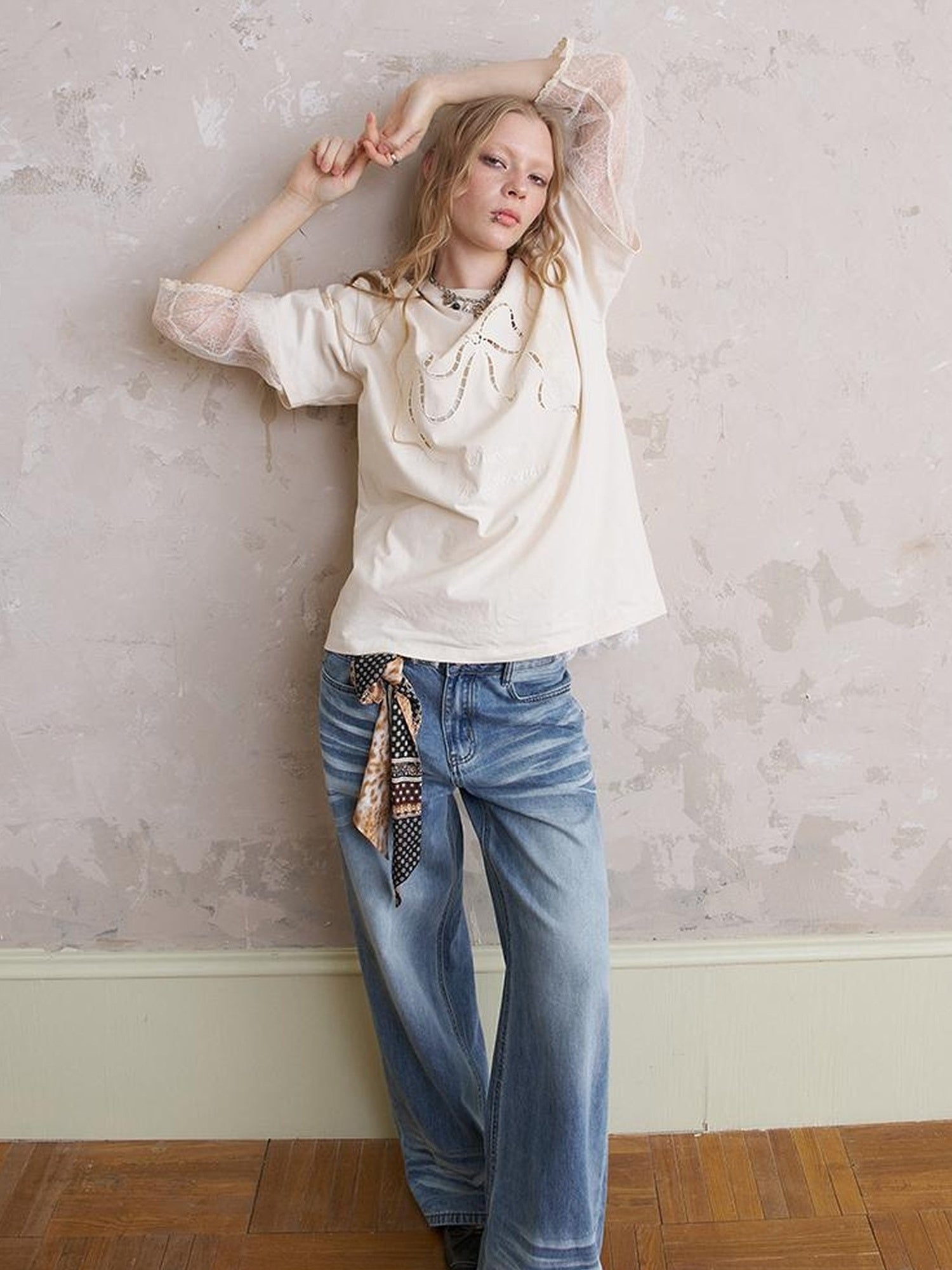 DIDDI MODA Elegant Bow Lace Short Sleeve Top