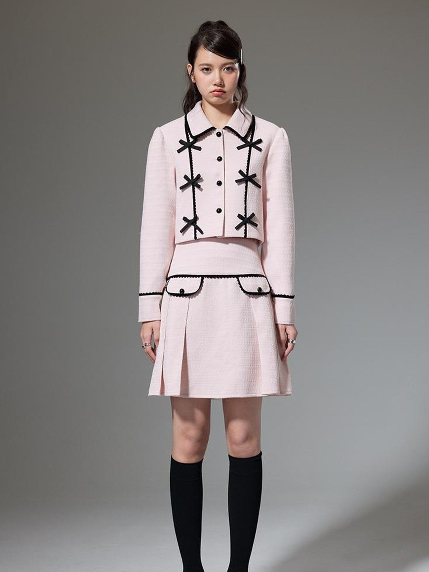 DIDDI MODA Elegant Bow Trimmed Pink Black Suit Set