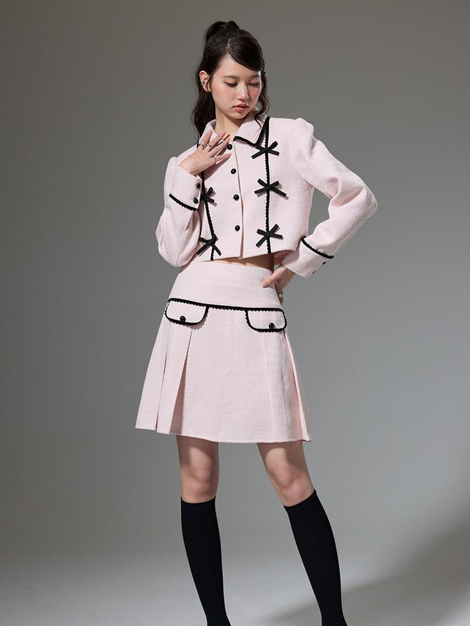 DIDDI MODA Elegant Bow Trimmed Pink Black Suit Set