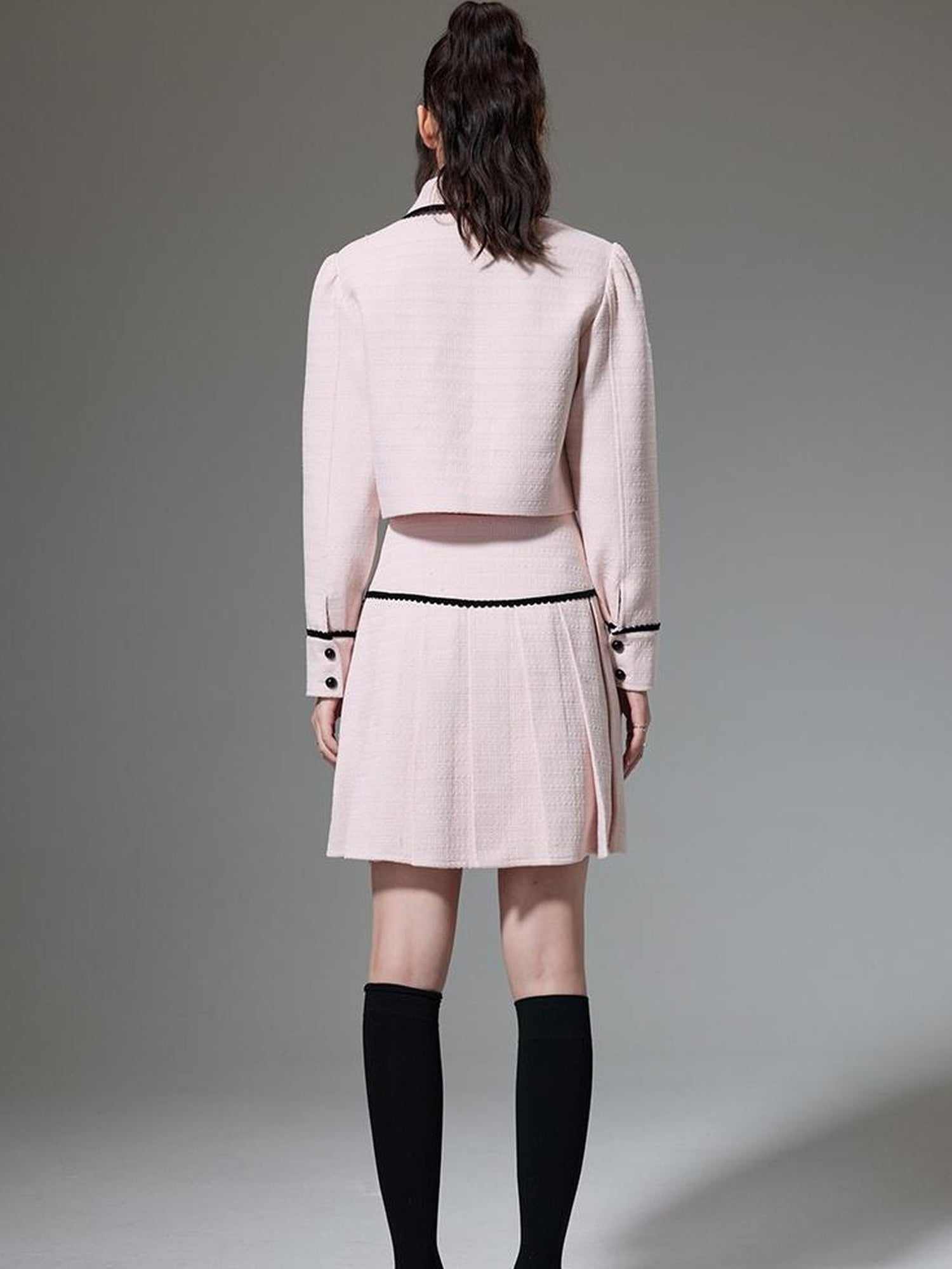 DIDDI MODA Elegant Bow Trimmed Pink Black Suit Set