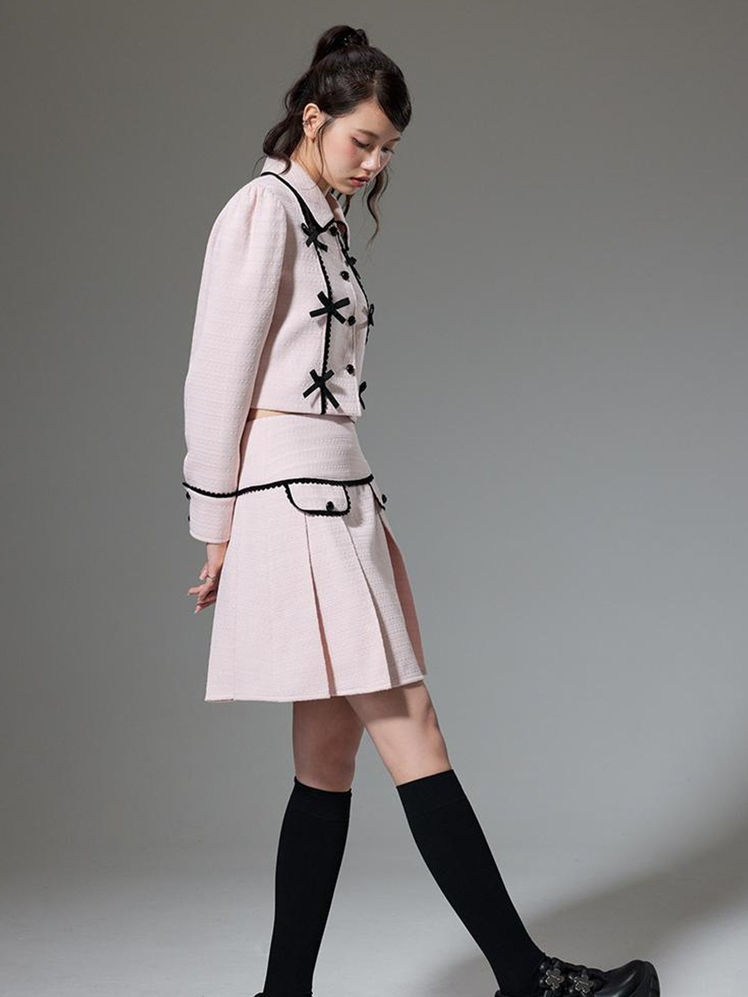 DIDDI MODA Elegant Bow Trimmed Pink Black Suit Set