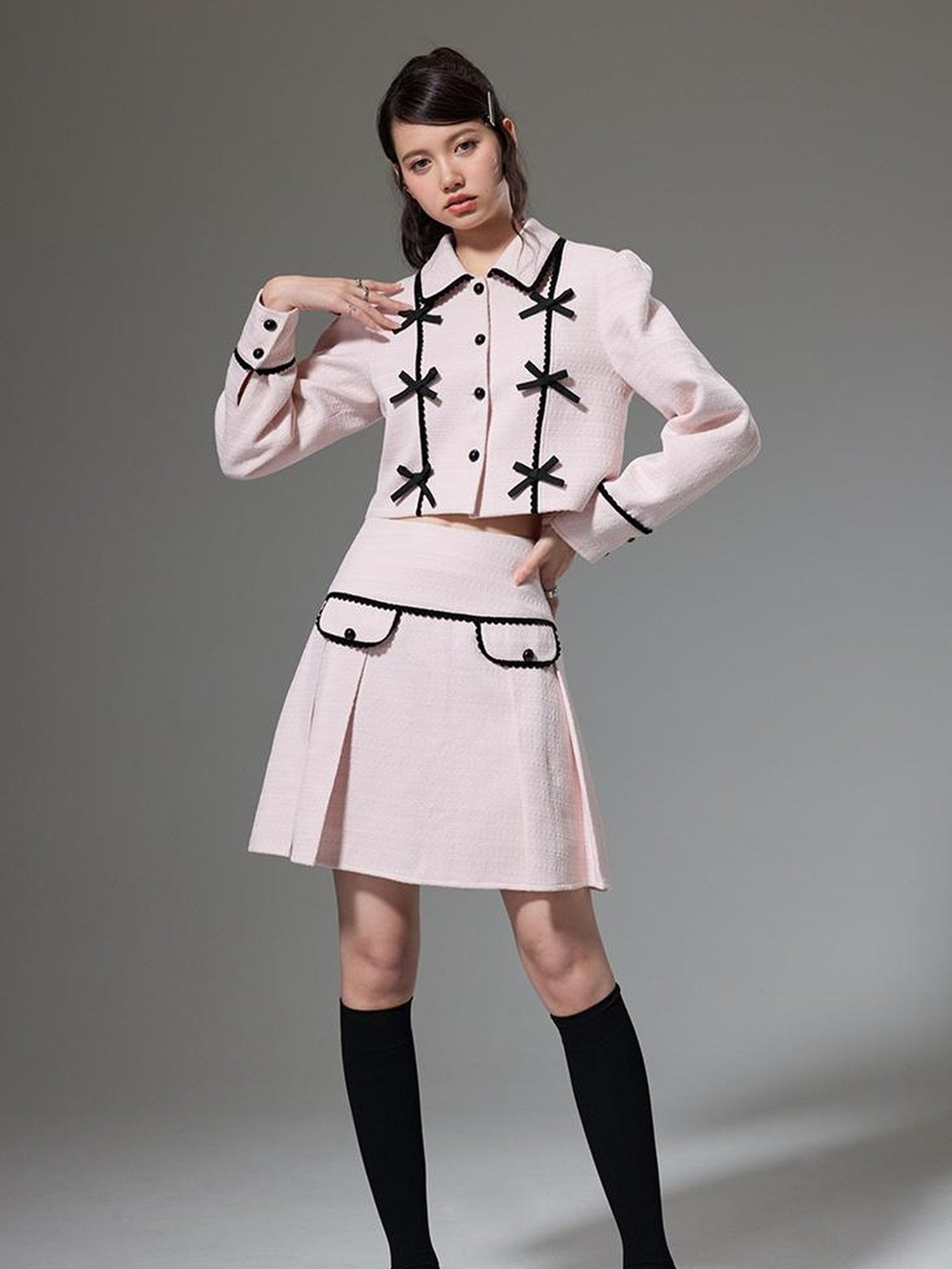 DIDDI MODA Elegant Bow Trimmed Pink Black Suit Set