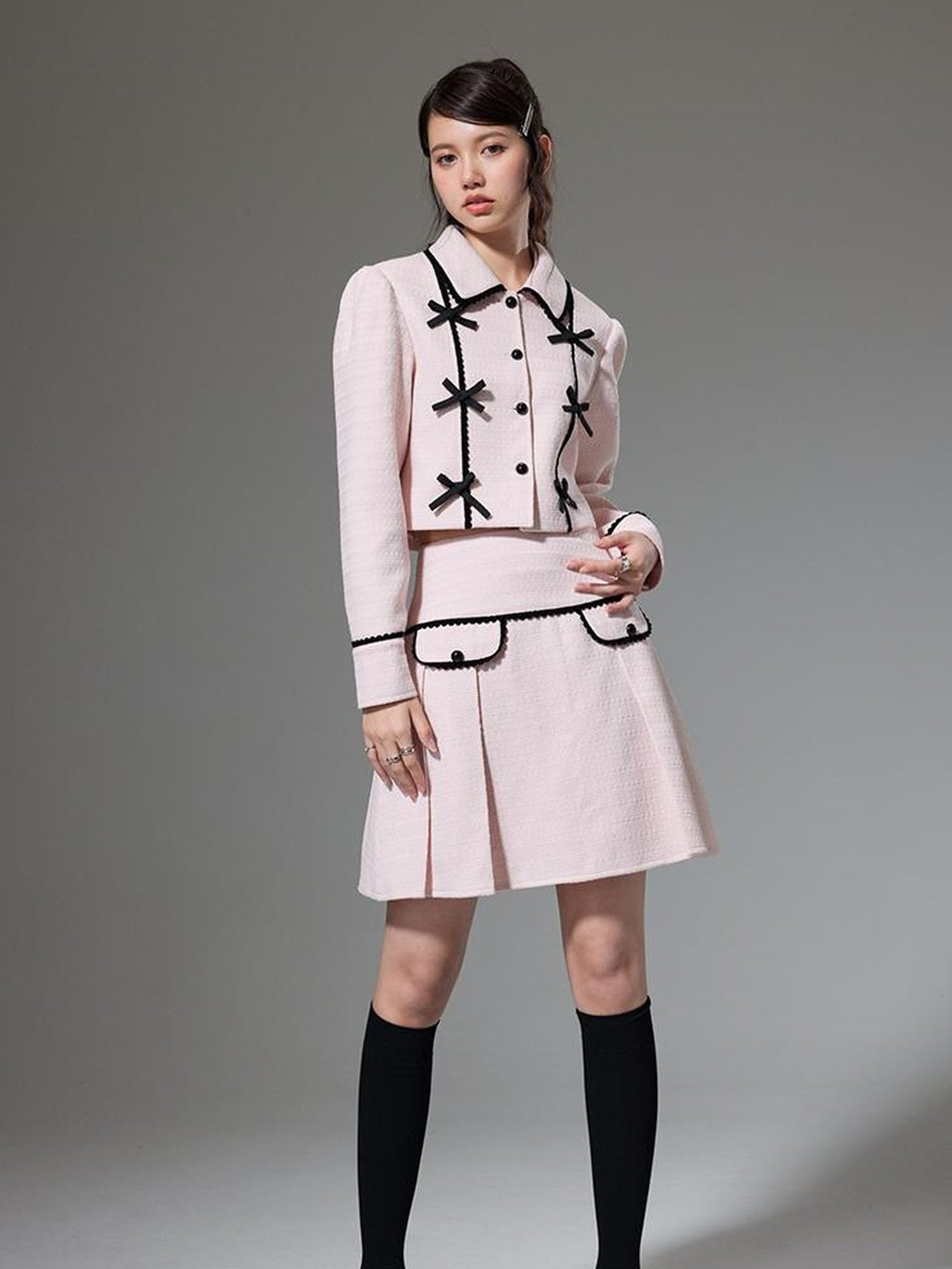 DIDDI MODA Elegant Bow Trimmed Pink Black Suit Set