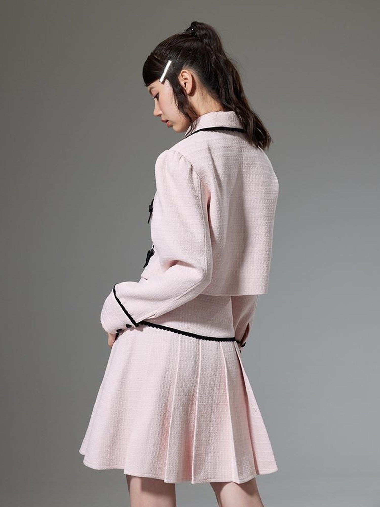 DIDDI MODA Elegant Bow Trimmed Pink Black Suit Set
