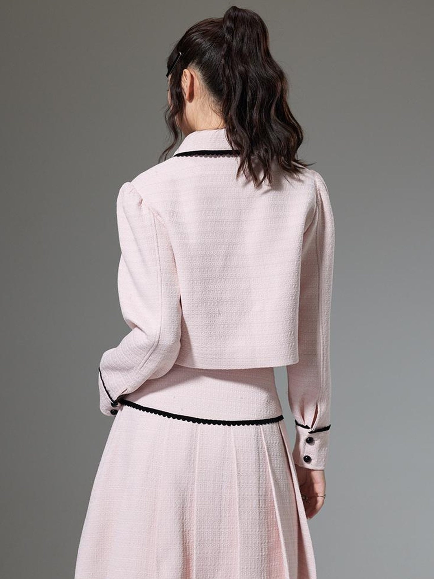 DIDDI MODA Elegant Bow Trimmed Pink Black Suit Set