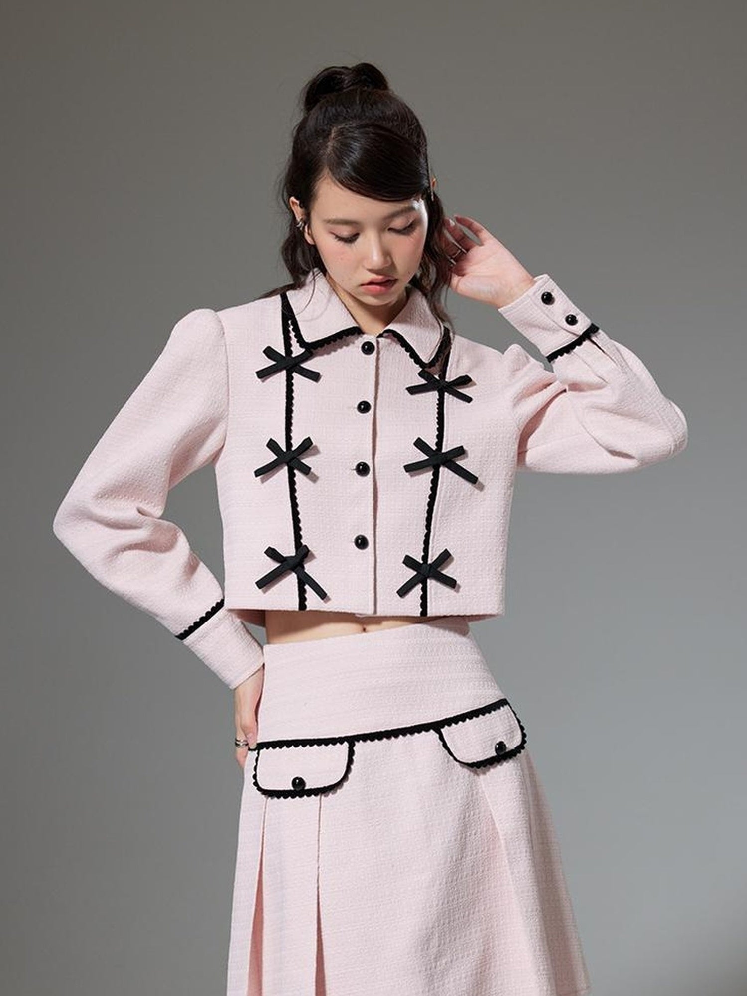 DIDDI MODA Elegant Bow Trimmed Pink Black Suit Set