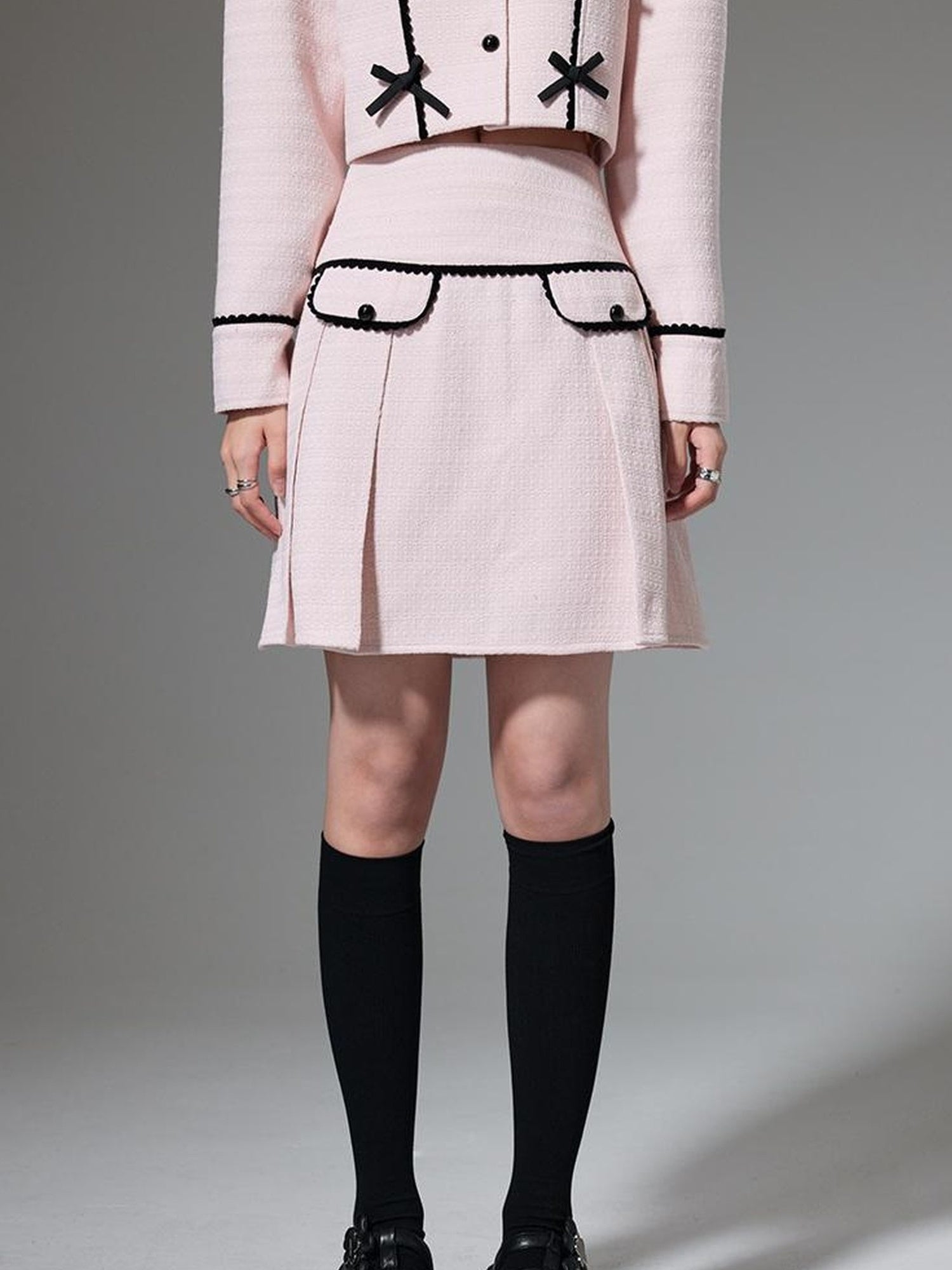 DIDDI MODA Elegant Bow Trimmed Pink Black Suit Set
