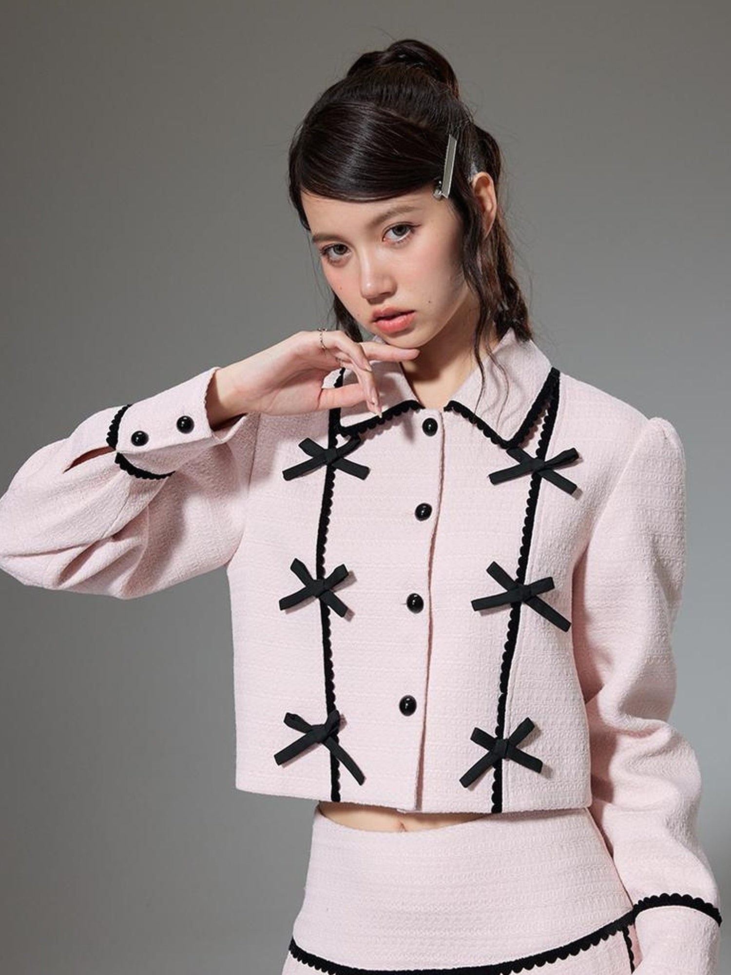 DIDDI MODA Elegant Bow Trimmed Pink Black Suit Set