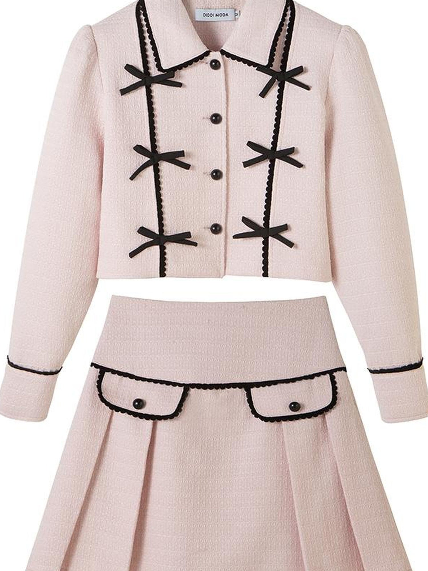DIDDI MODA Elegant Bow Trimmed Pink Black Suit Set