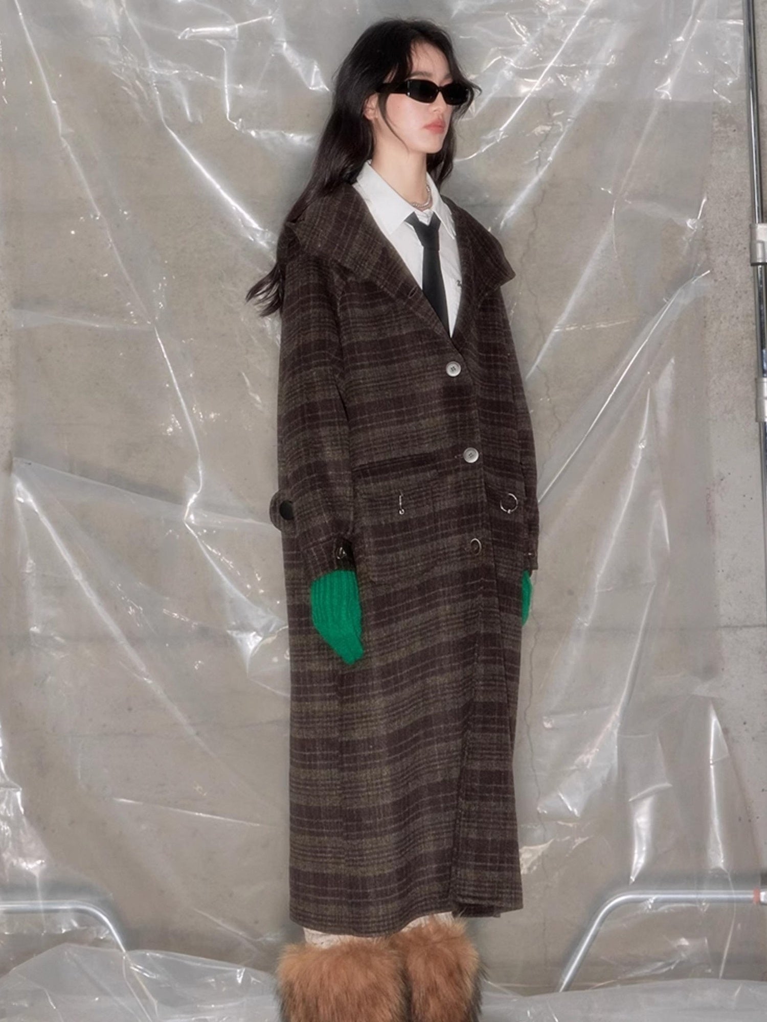 DIDDI MODA Elegant Checkered Hooded Wool Coat