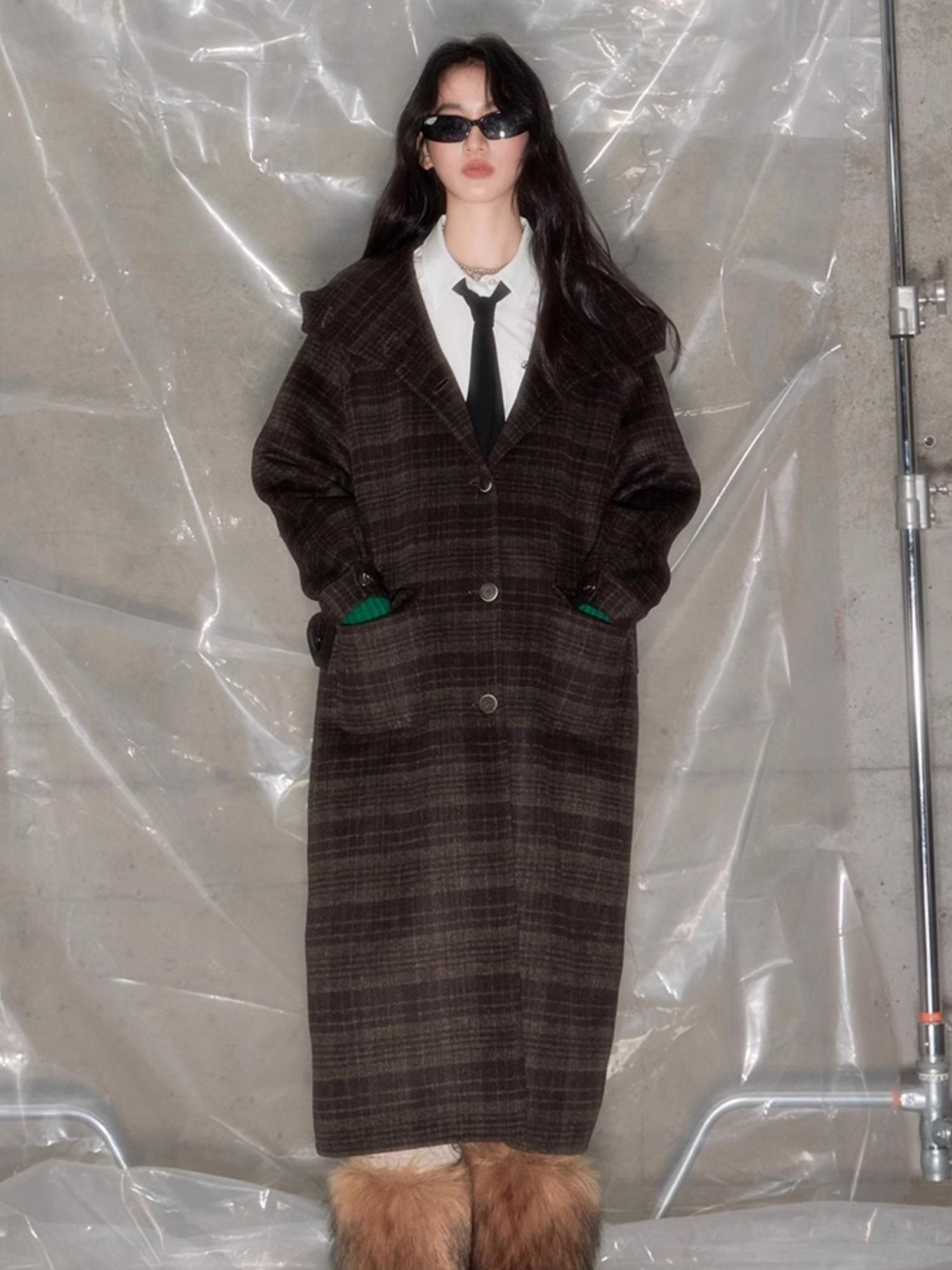 DIDDI MODA Elegant Checkered Hooded Wool Coat