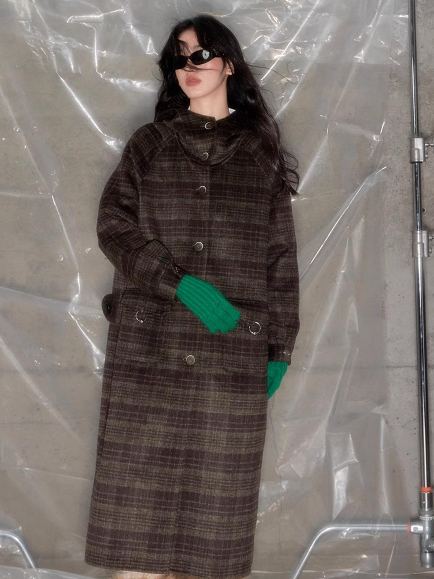 DIDDI MODA Elegant Checkered Hooded Wool Coat