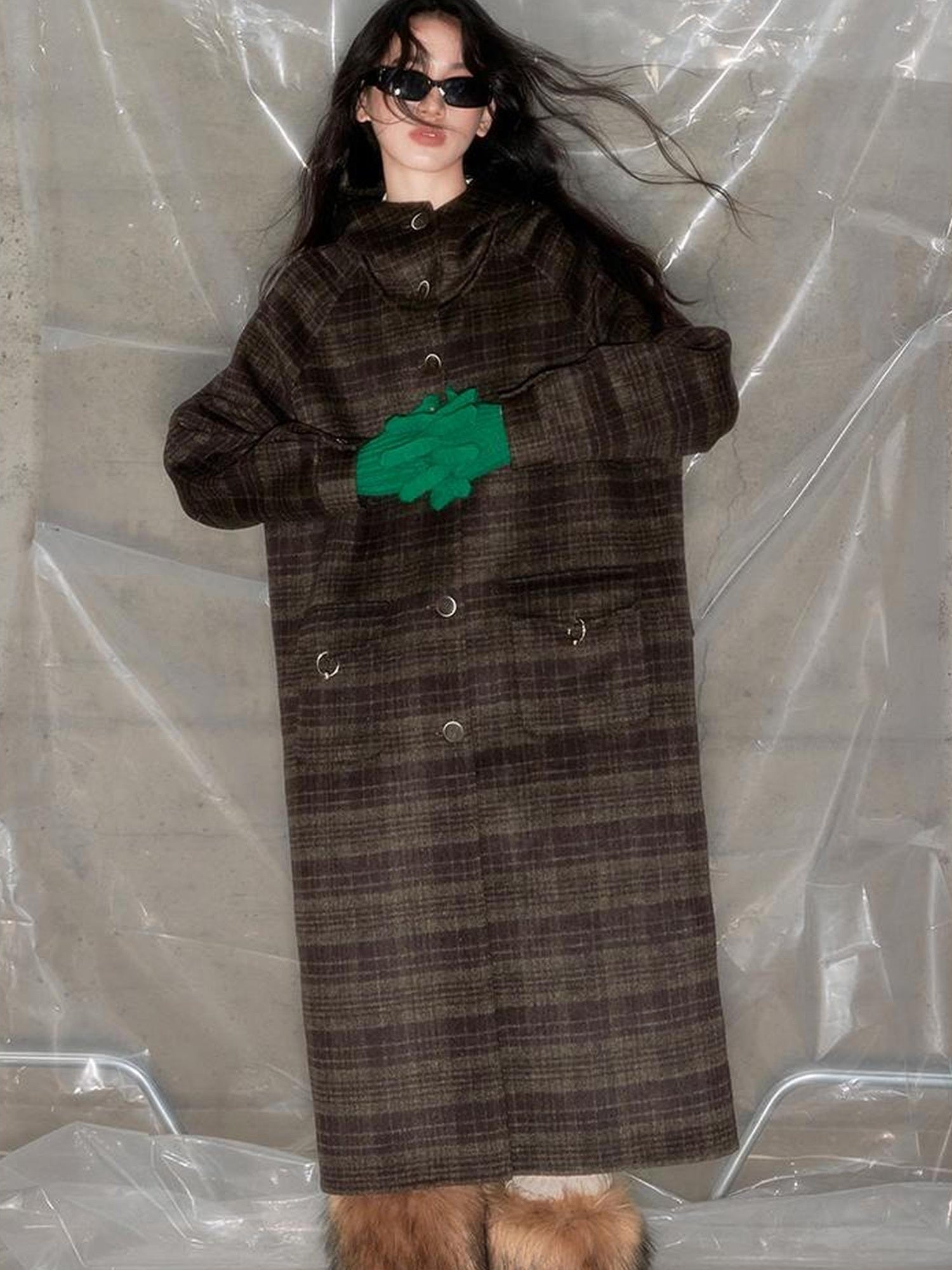 DIDDI MODA Elegant Checkered Hooded Wool Coat