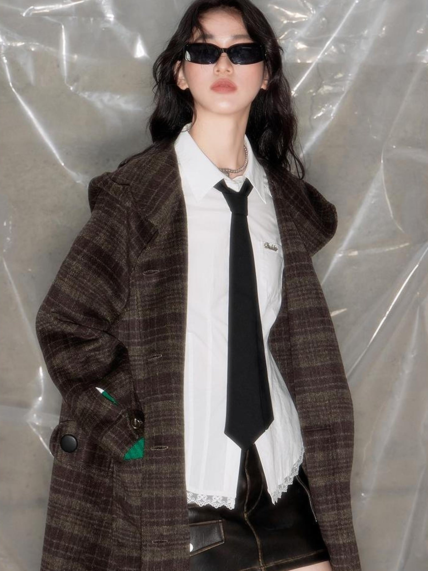 DIDDI MODA Elegant Checkered Hooded Wool Coat