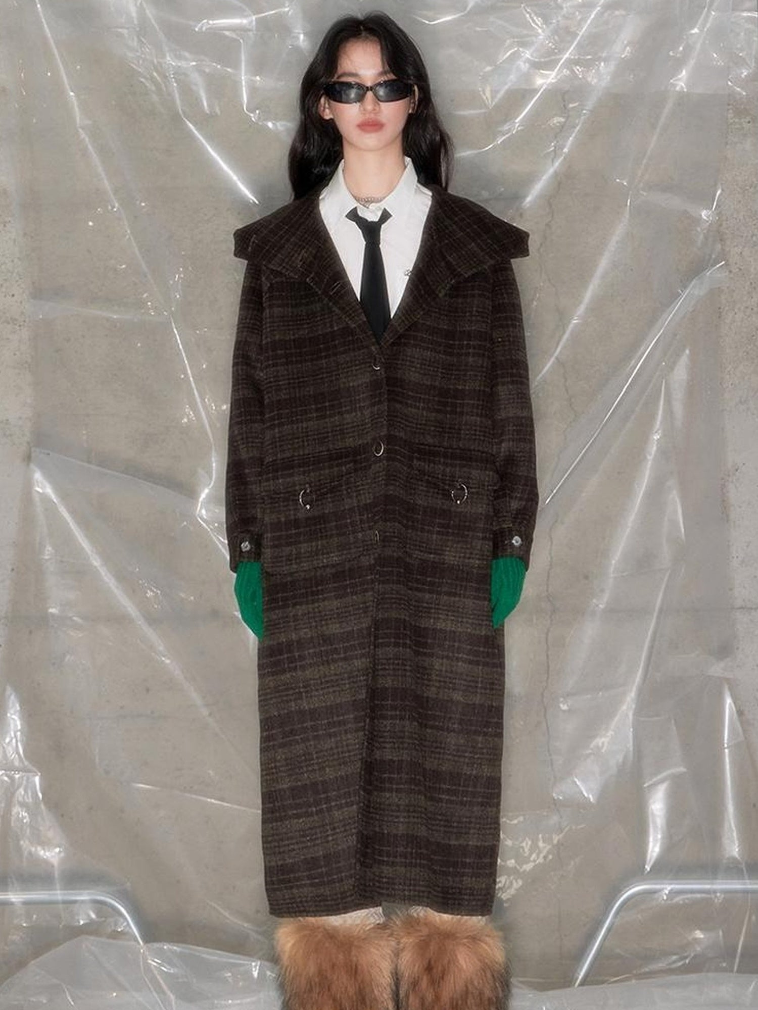 DIDDI MODA Elegant Checkered Hooded Wool Coat