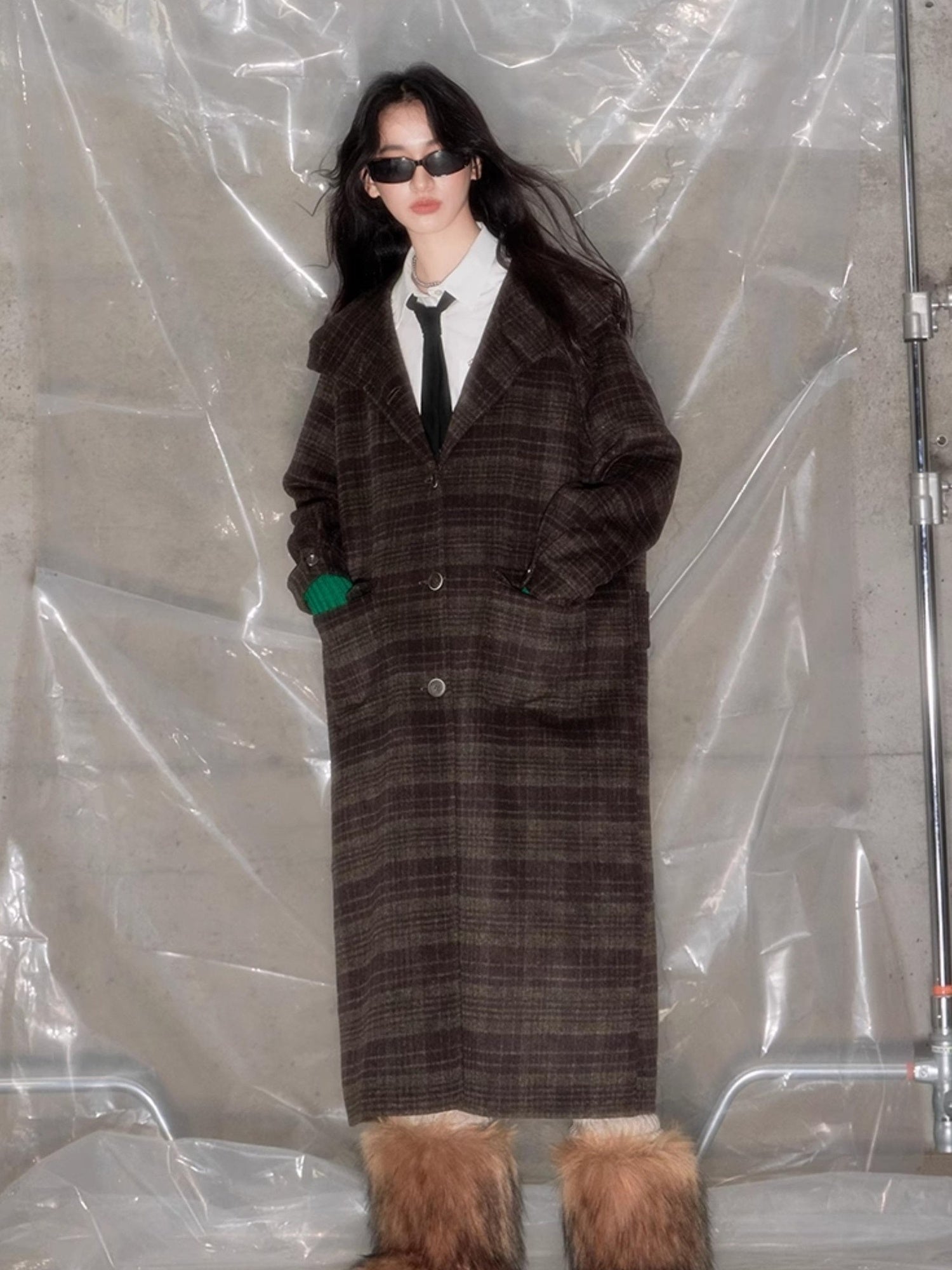 DIDDI MODA Elegant Checkered Hooded Wool Coat