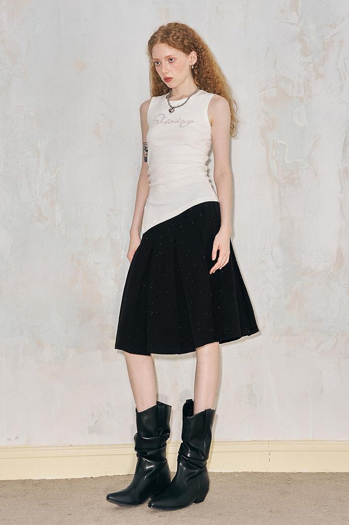 DIDDI MODA Elegant Dot Printed Pleated Midi Skirt With High Waist