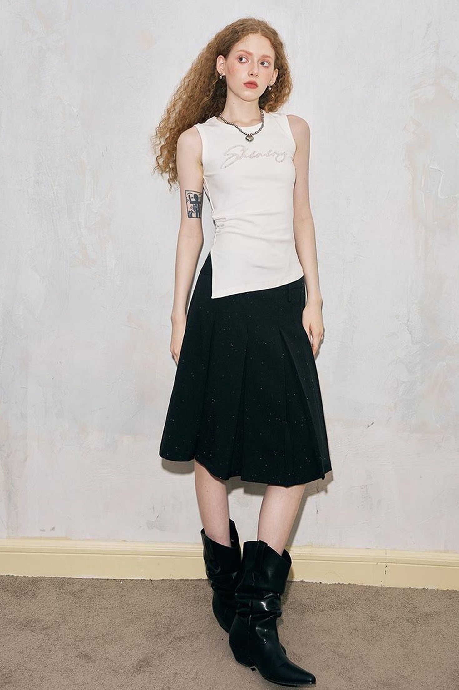 DIDDI MODA Elegant Dot Printed Pleated Midi Skirt With High Waist