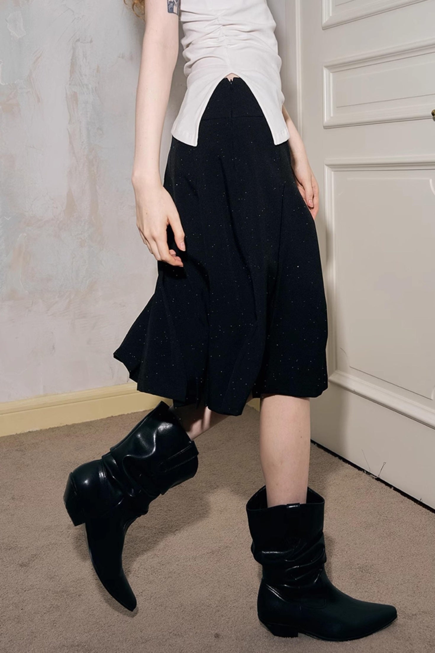 DIDDI MODA Elegant Dot Printed Pleated Midi Skirt With High Waist