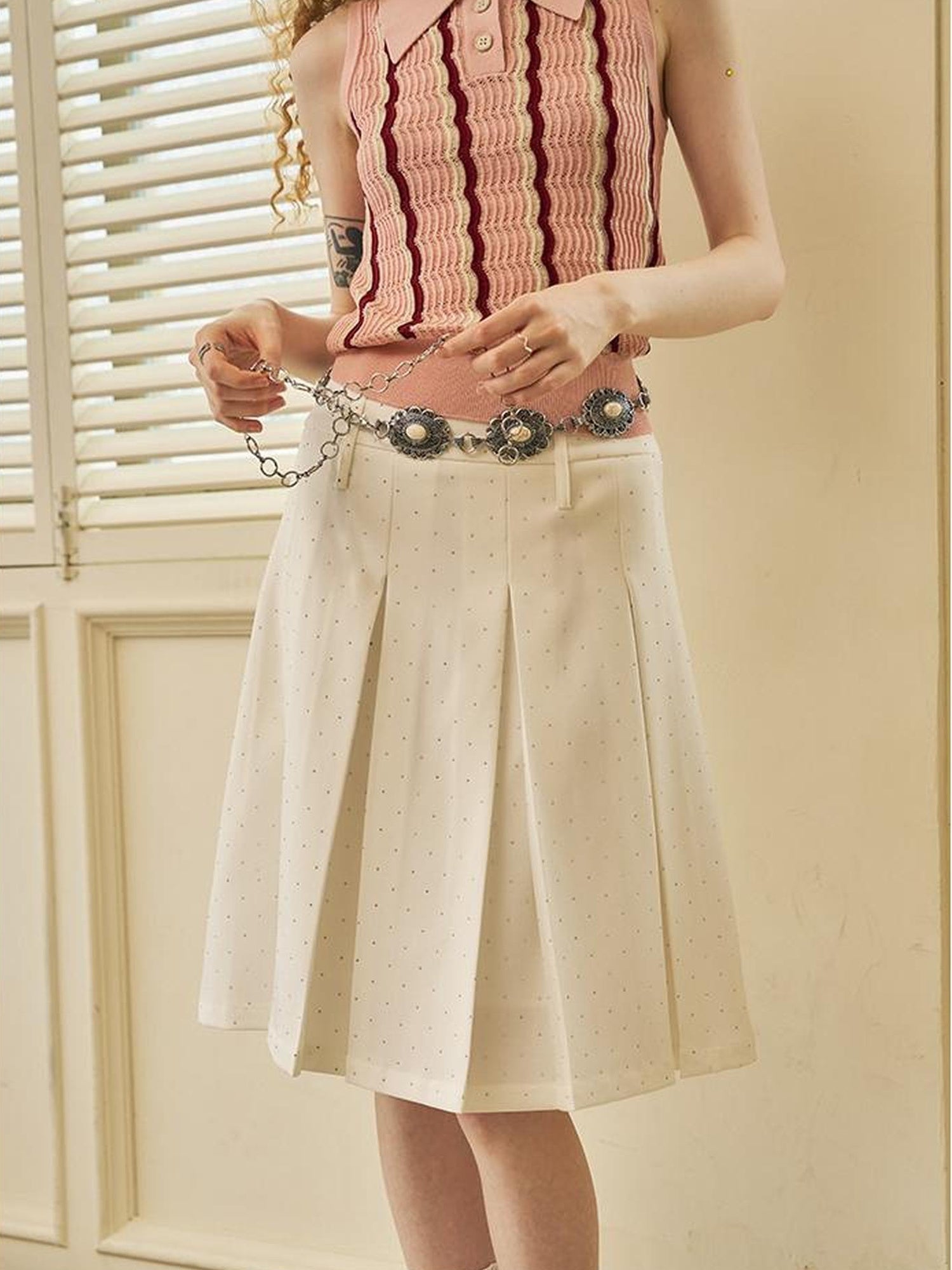 DIDDI MODA Elegant Dot Printed Pleated Midi Skirt With High Waist