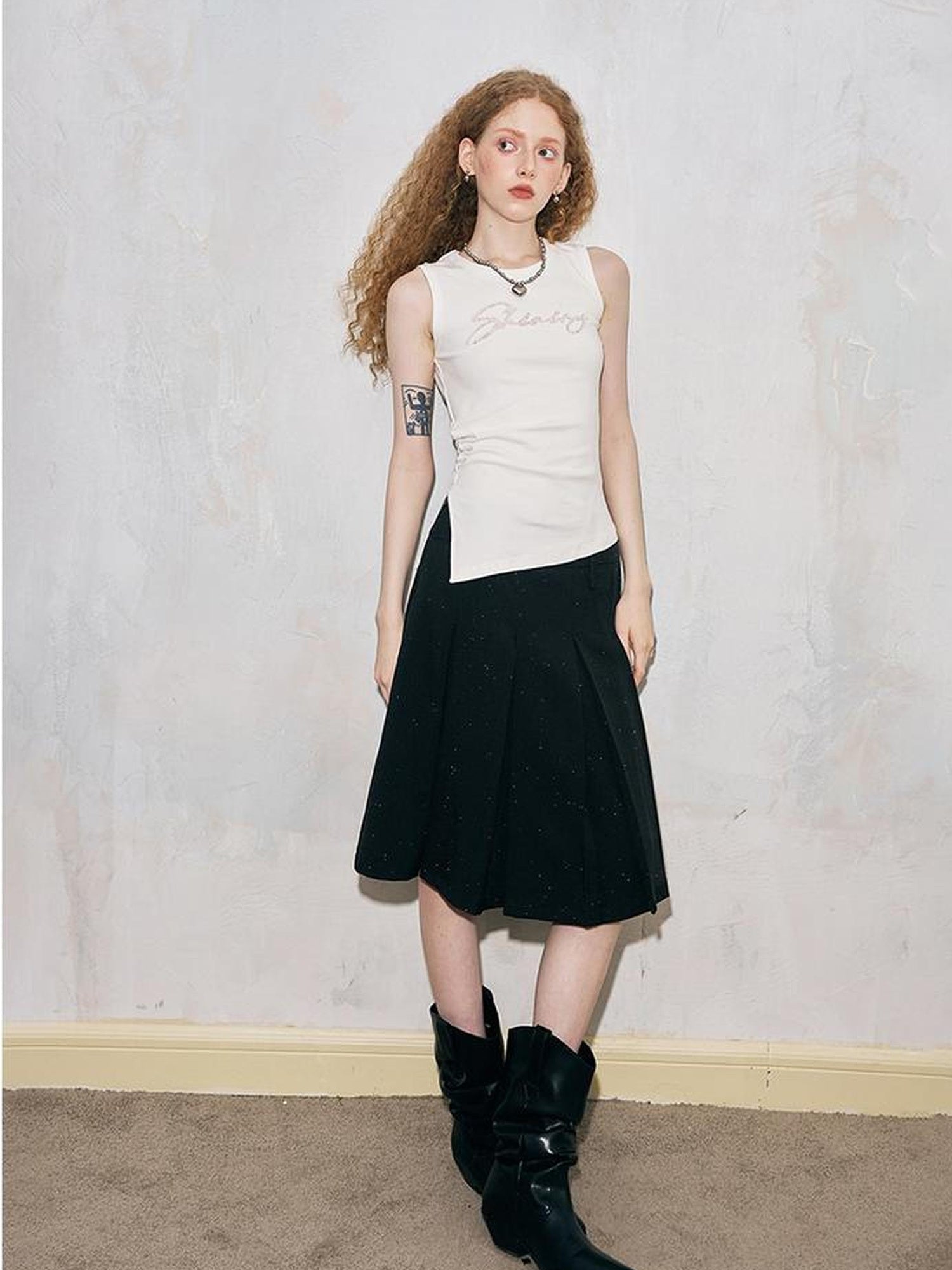 DIDDI MODA Elegant Dot Printed Pleated Midi Skirt With High Waist