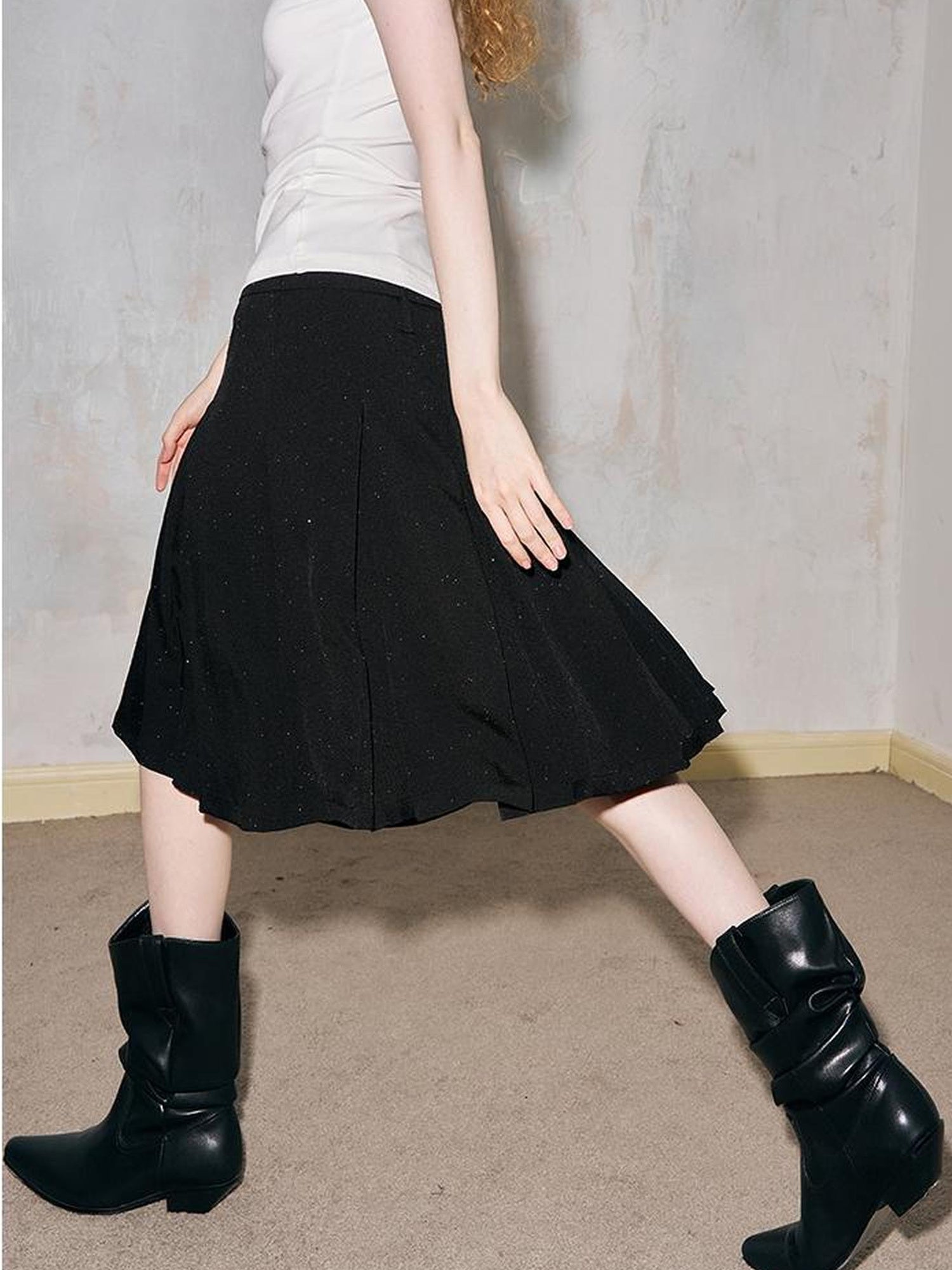 DIDDI MODA Elegant Dot Printed Pleated Midi Skirt With High Waist