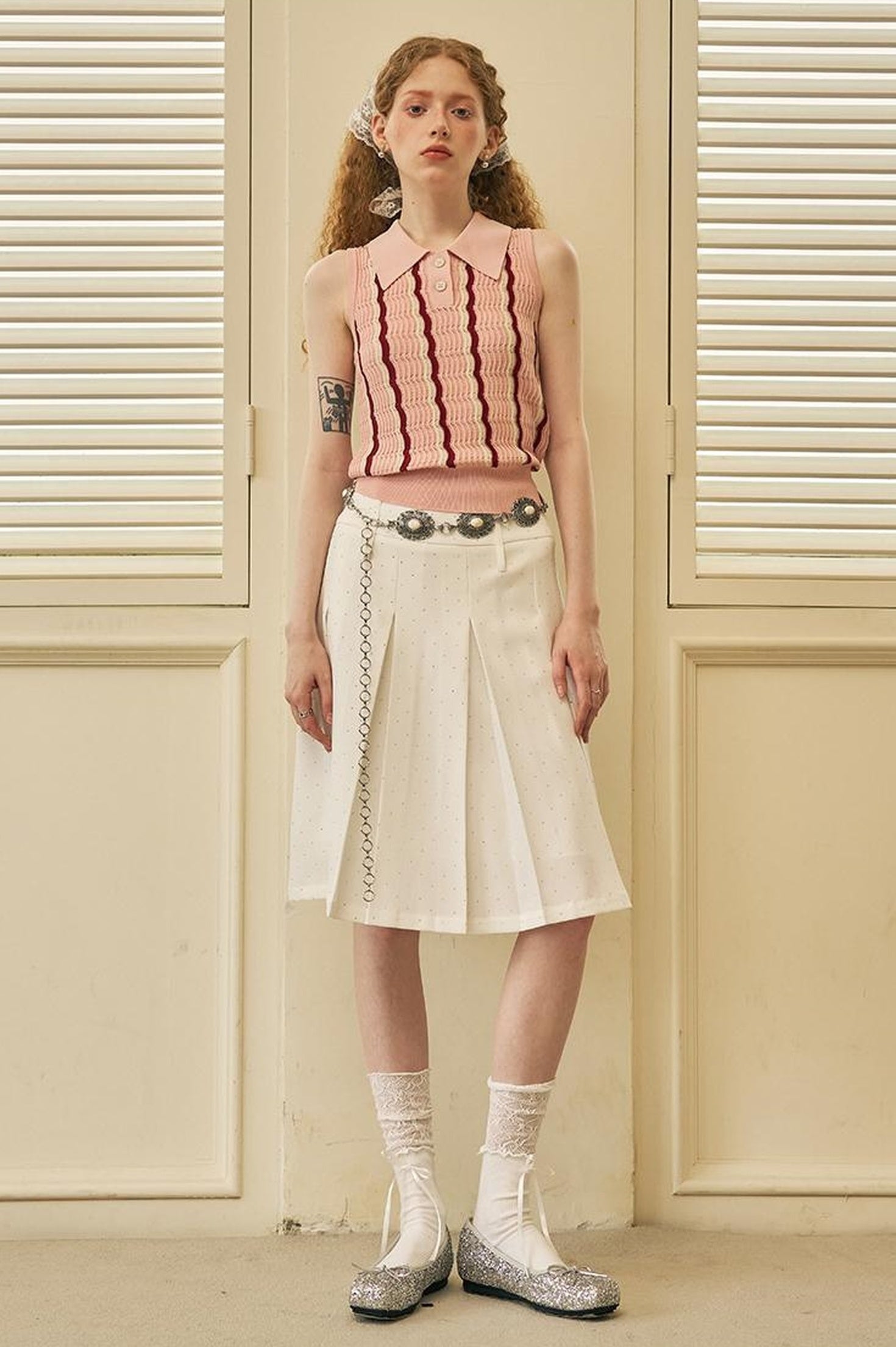 DIDDI MODA Elegant Dot Printed Pleated Midi Skirt With High Waist