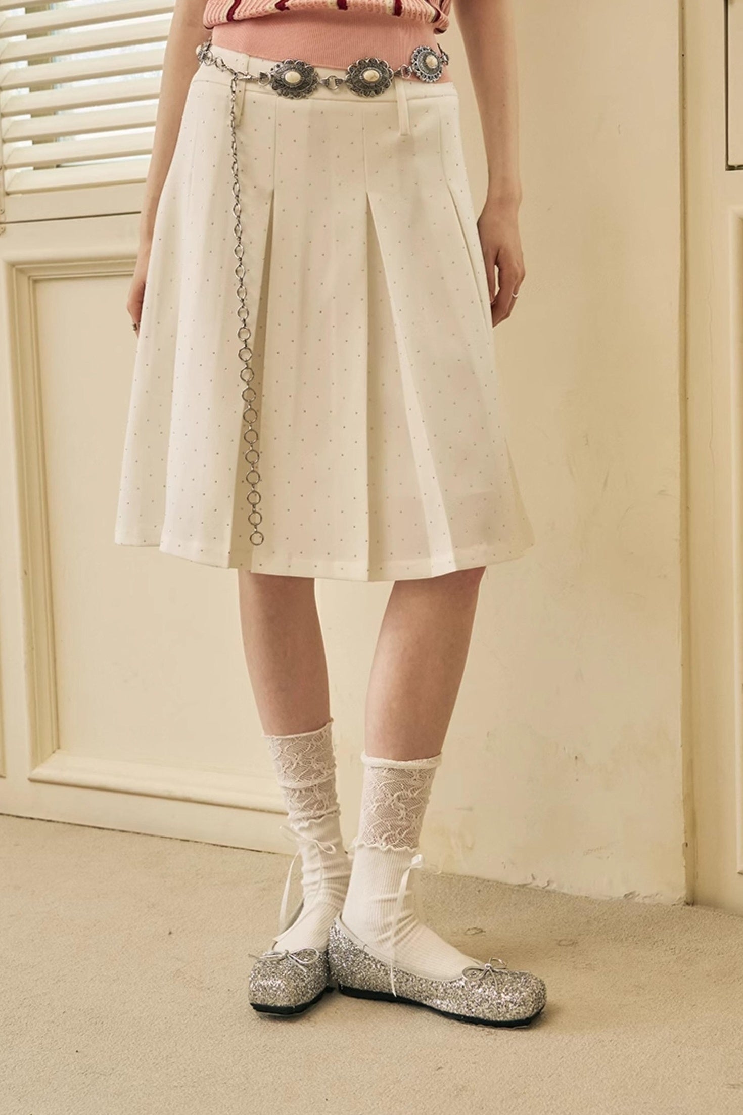 DIDDI MODA Elegant Dot Printed Pleated Midi Skirt With High Waist