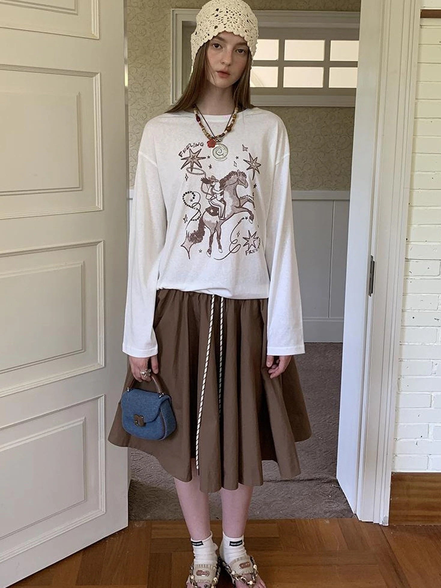 Elegant Drawstring A Line Sun Skirt In Cotton Blend