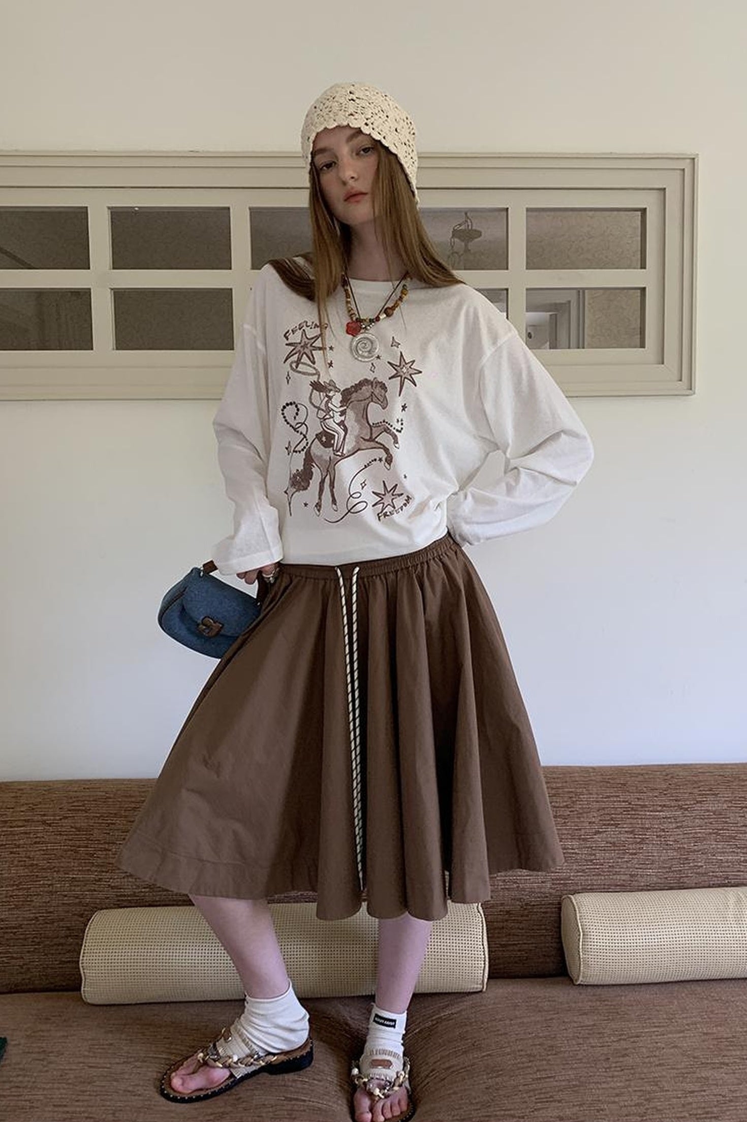 DIDDI MODA Elegant Drawstring A Line Sun Skirt In Cotton Blend