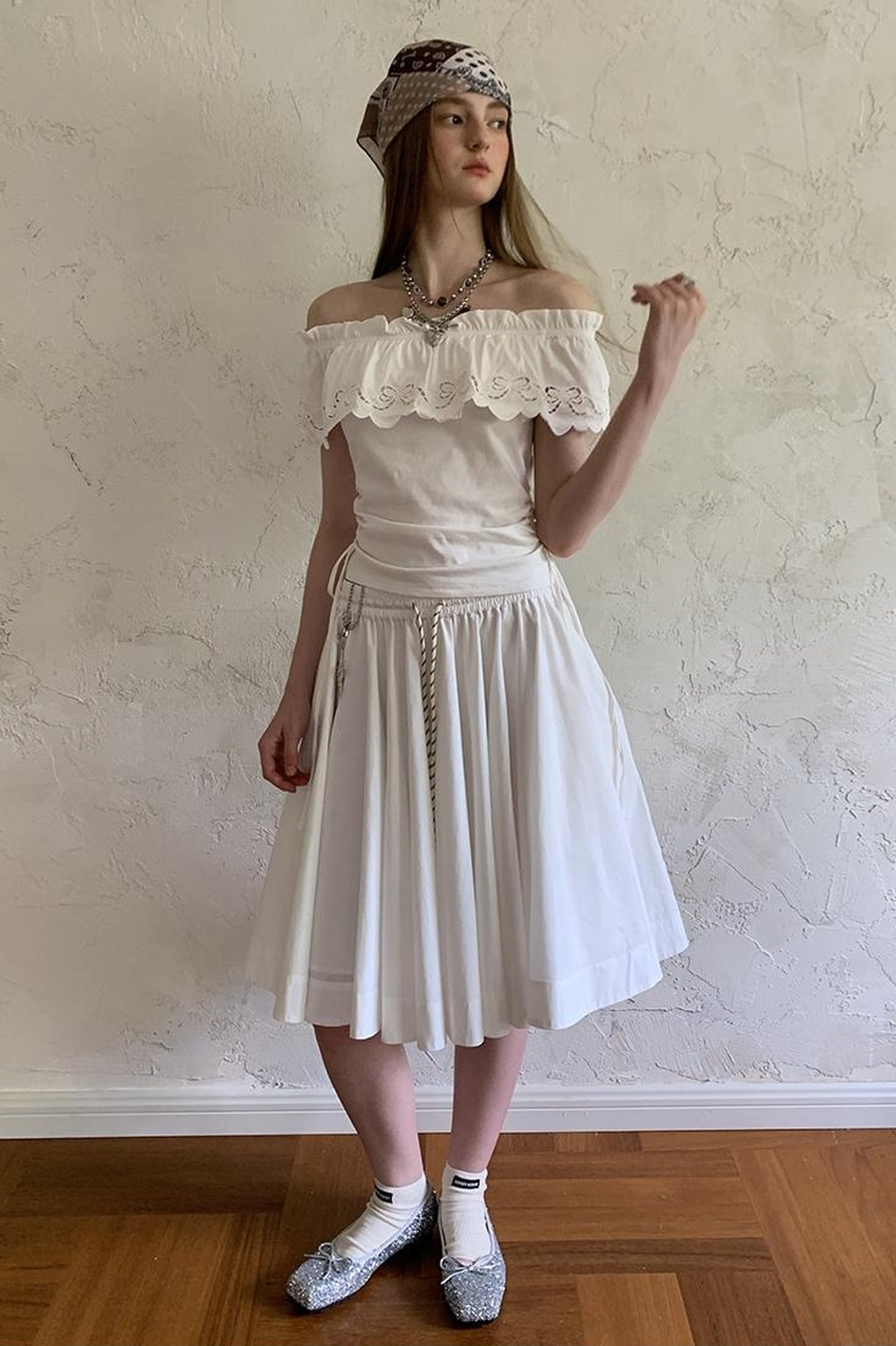 DIDDI MODA Elegant Drawstring A Line Sun Skirt In Cotton Blend