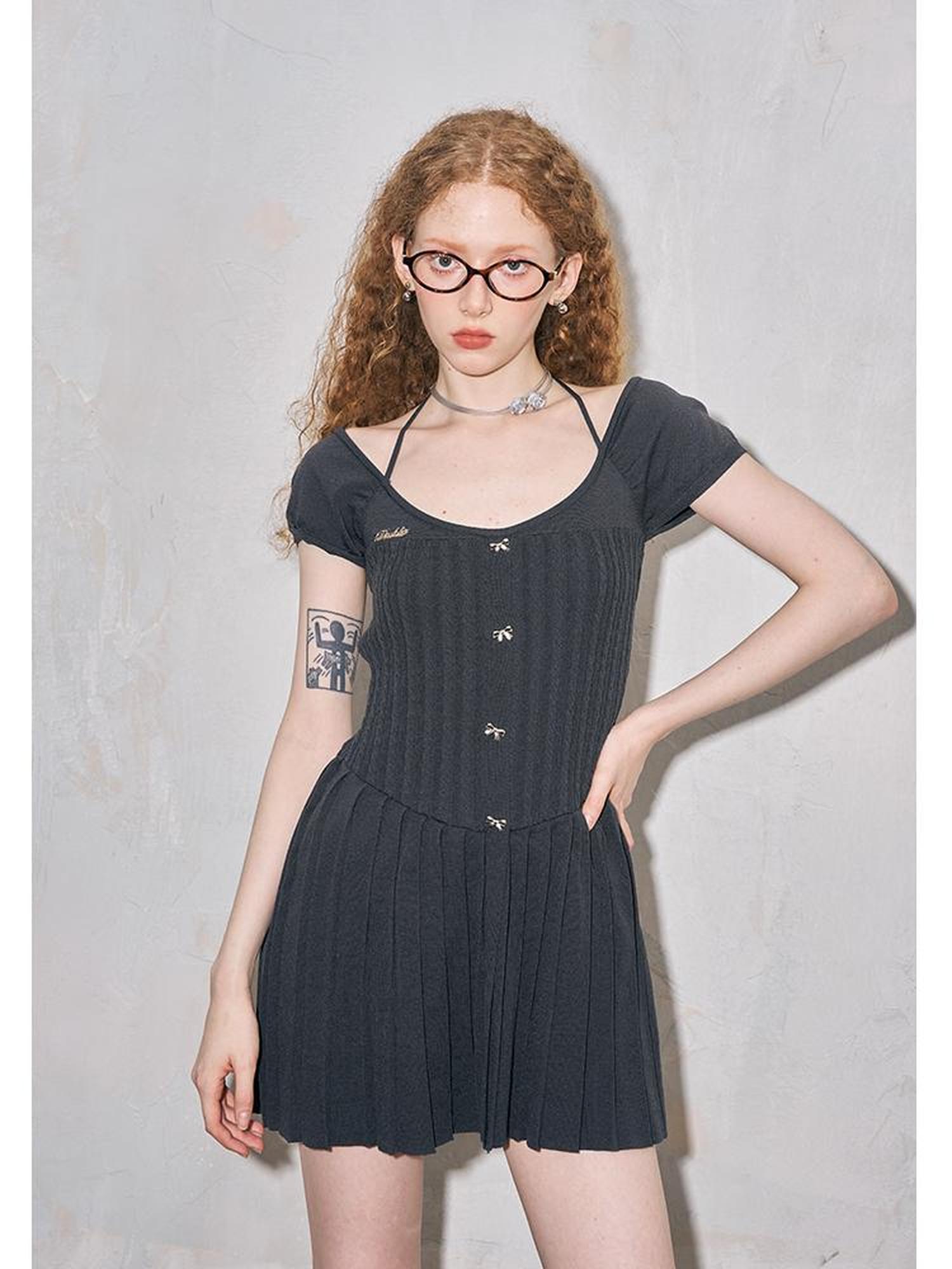 DIDDI MODA Elegant Knit Halter Neck Mini Dress With Bow Detail