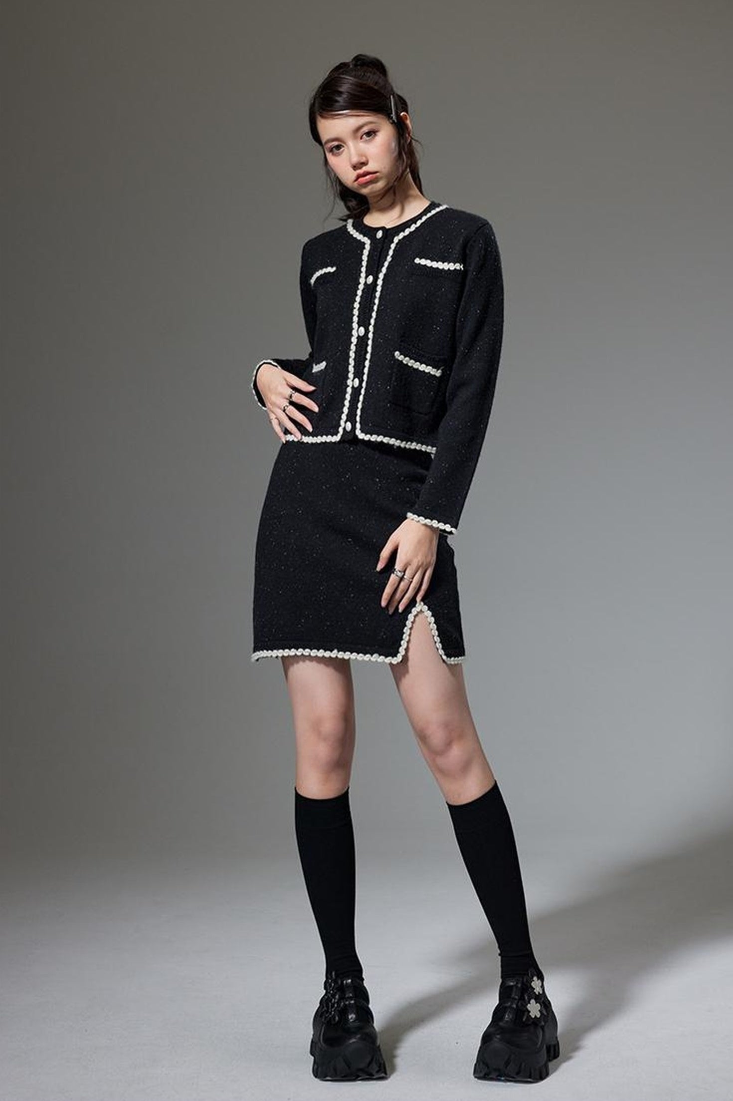 DIDDI MODA Elegant Knit Tweed Set With Lace Trim