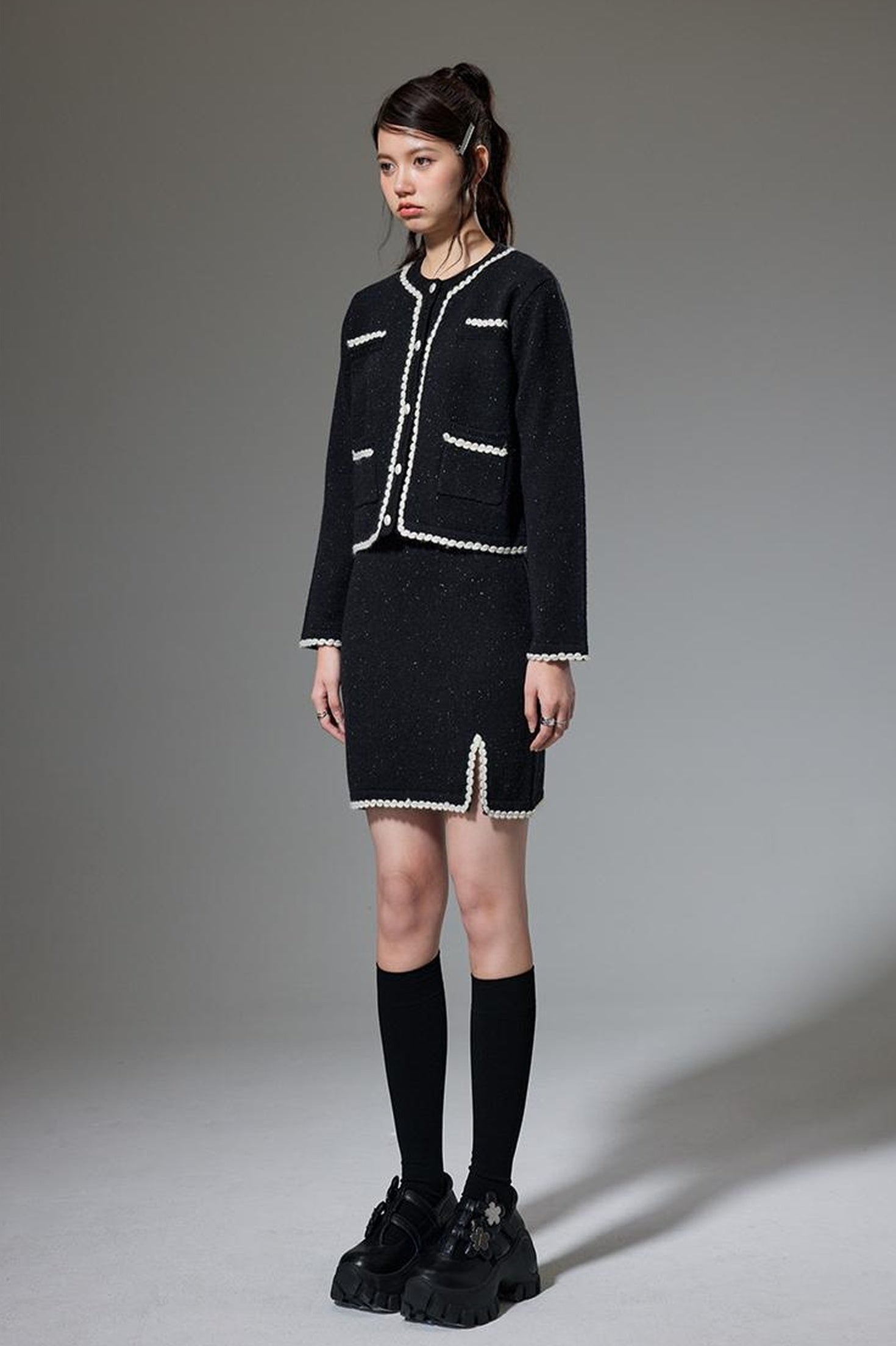 DIDDI MODA Elegant Knit Tweed Set With Lace Trim