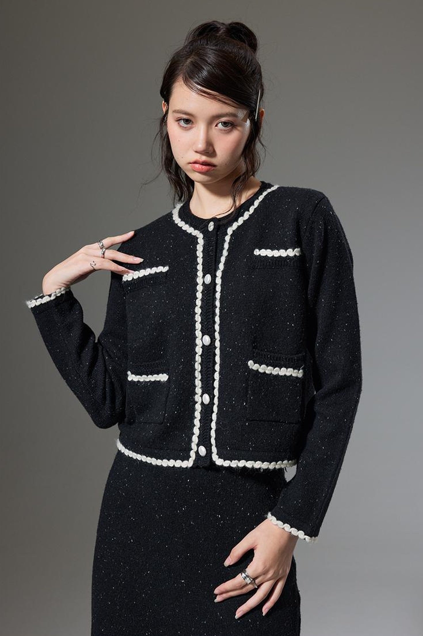 DIDDI MODA Elegant Knit Tweed Set With Lace Trim