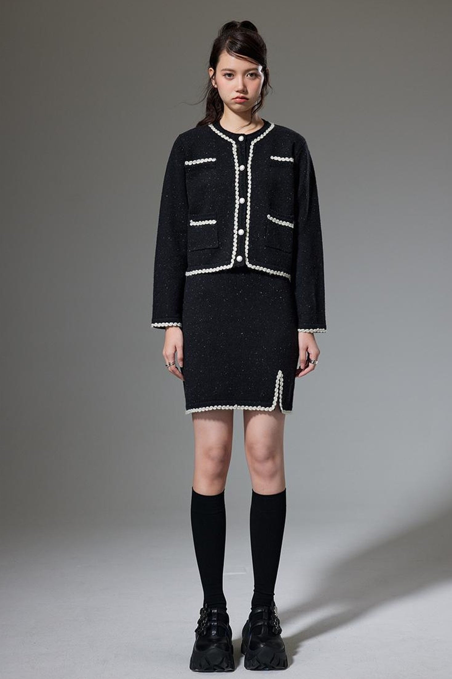 DIDDI MODA Elegant Knit Tweed Set With Lace Trim