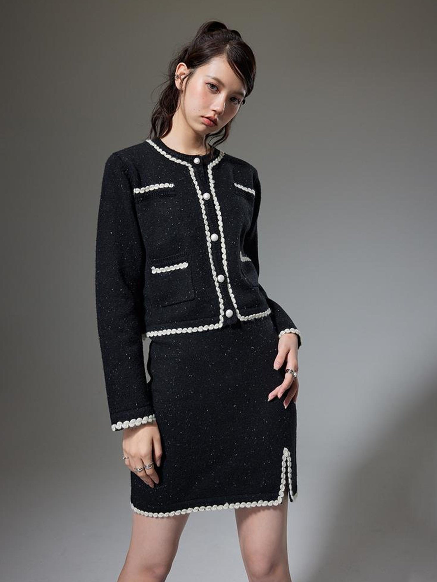 DIDDI MODA Elegant Knit Tweed Set With Lace Trim