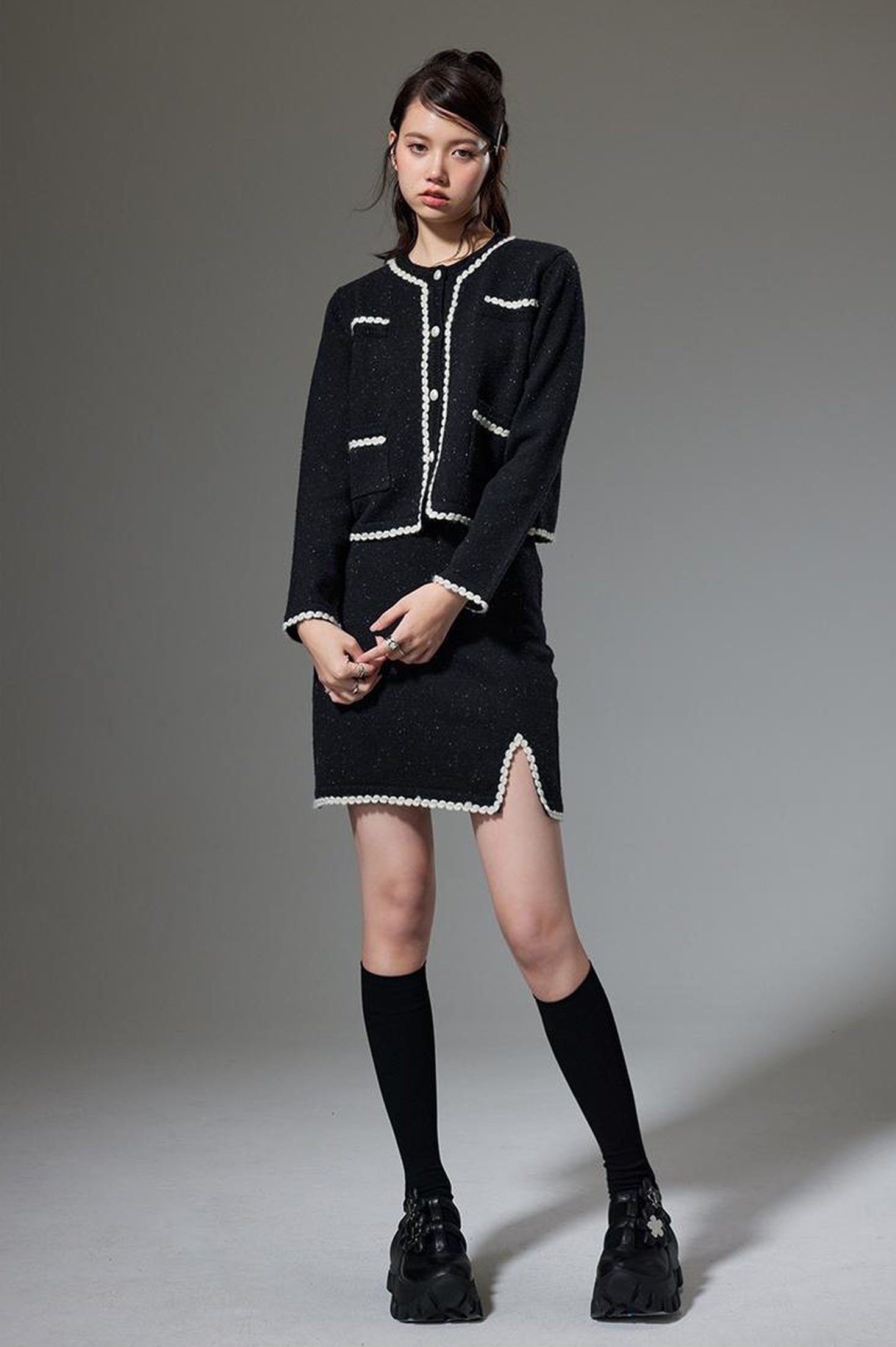 DIDDI MODA Elegant Knit Tweed Set With Lace Trim