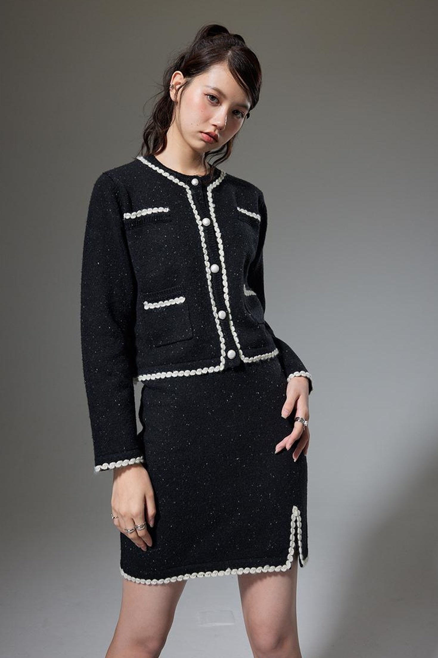 DIDDI MODA Elegant Knit Tweed Set With Lace Trim