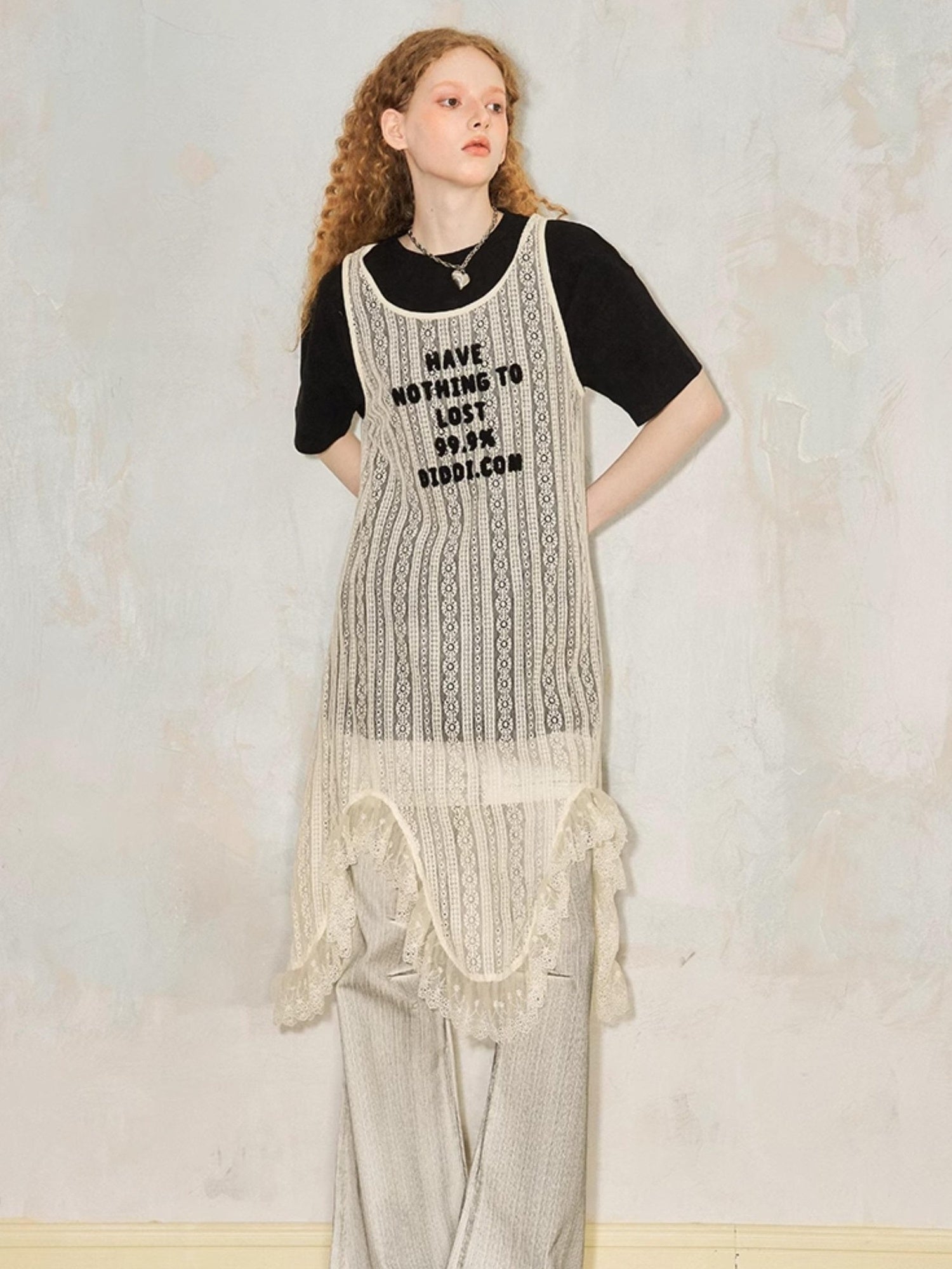 DIDDI MODA Elegant Lace Asymmetrical Hem Relaxed Beach Dress