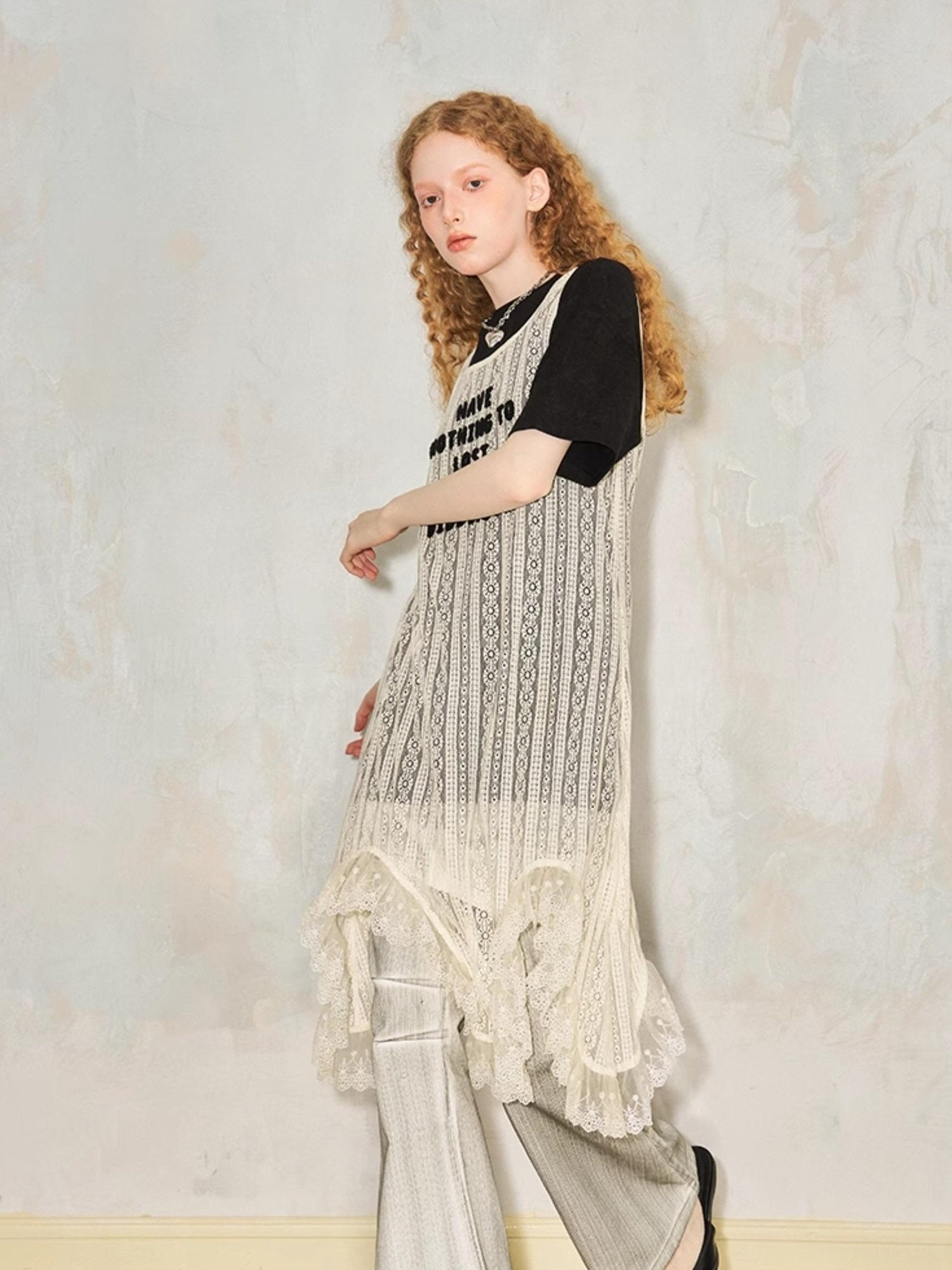 DIDDI MODA Elegant Lace Asymmetrical Hem Relaxed Beach Dress