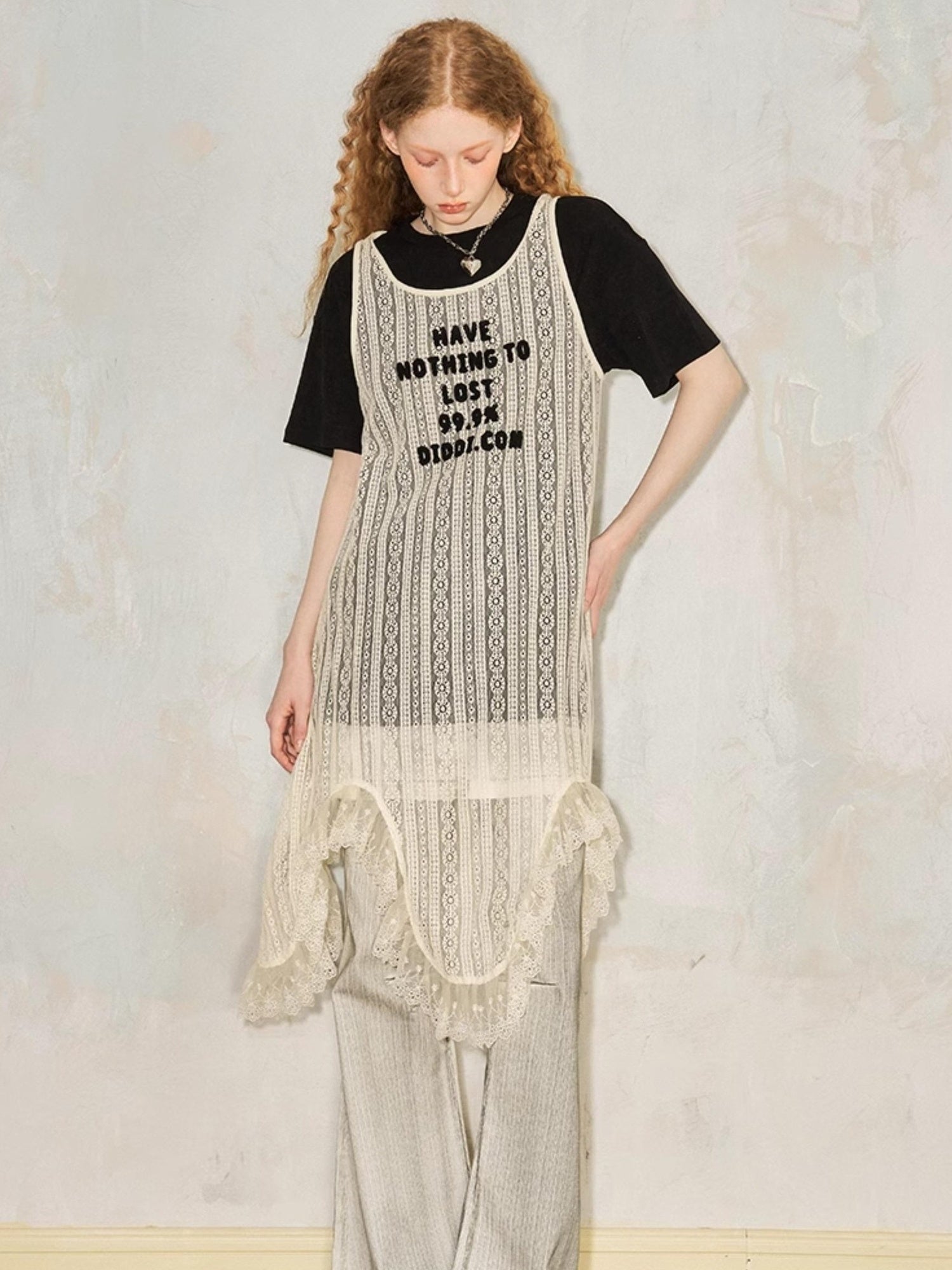 DIDDI MODA Elegant Lace Asymmetrical Hem Relaxed Beach Dress