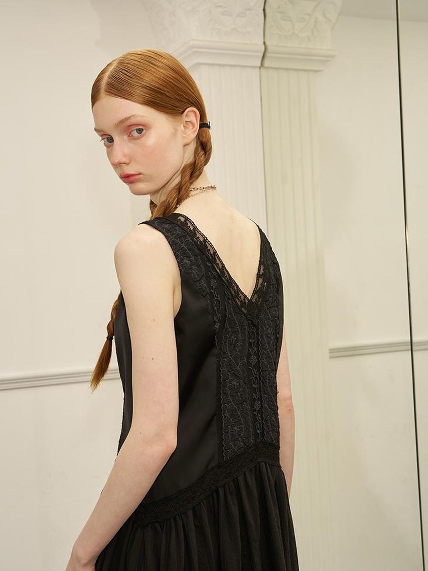 DIDDI MODA Elegant Lace Stripe V Neck Sleeveless Maxi Dress