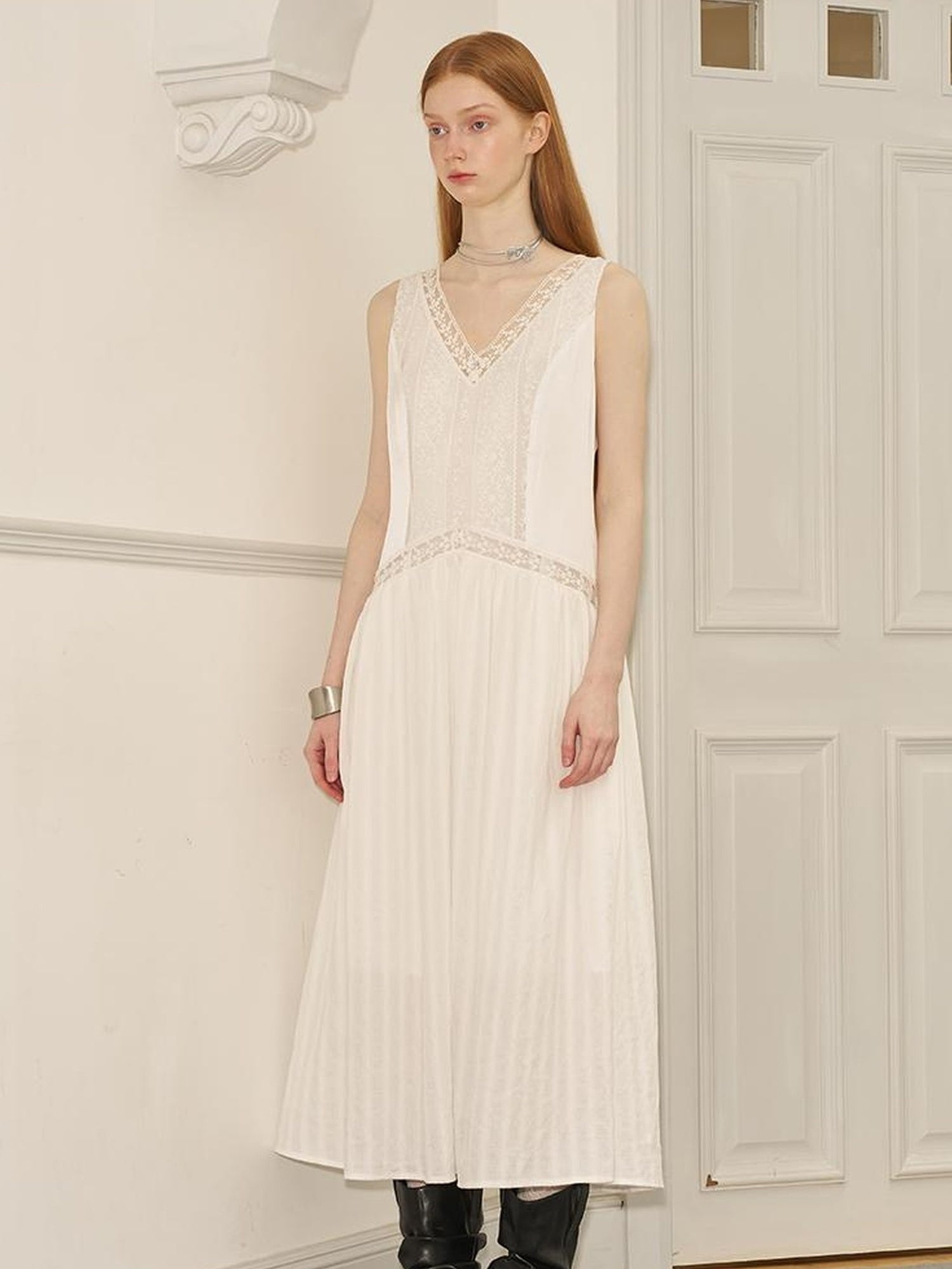 DIDDI MODA Elegant Lace Stripe V Neck Sleeveless Maxi Dress